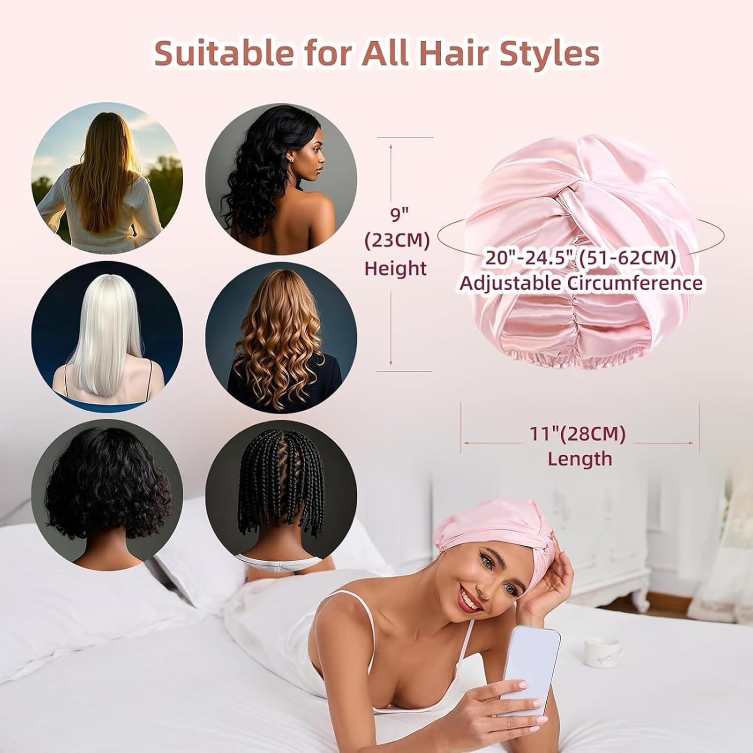 22 Momme 100% Mulberry Silk Bonnet-2Pcs for Sleeping & Women Hair Care, Highest Grade 6A Silk Imitation Hair Wrap for Sleeping with Premium Elastic Stay on Head (Pink) - 2, 2 Black image number 5