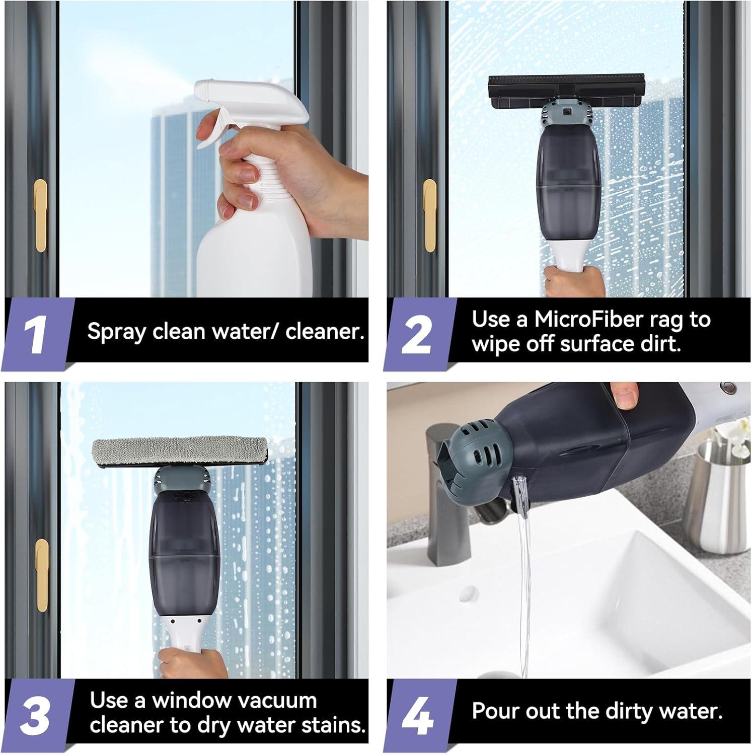 Cordless Window Vacuum Squeegee: Window Vac with Detachable Water Tank and Strong Suction, Electric Cleaning Tool for Shower Wall, Mirror, Glass, Car Windshield, Countertop, Tile