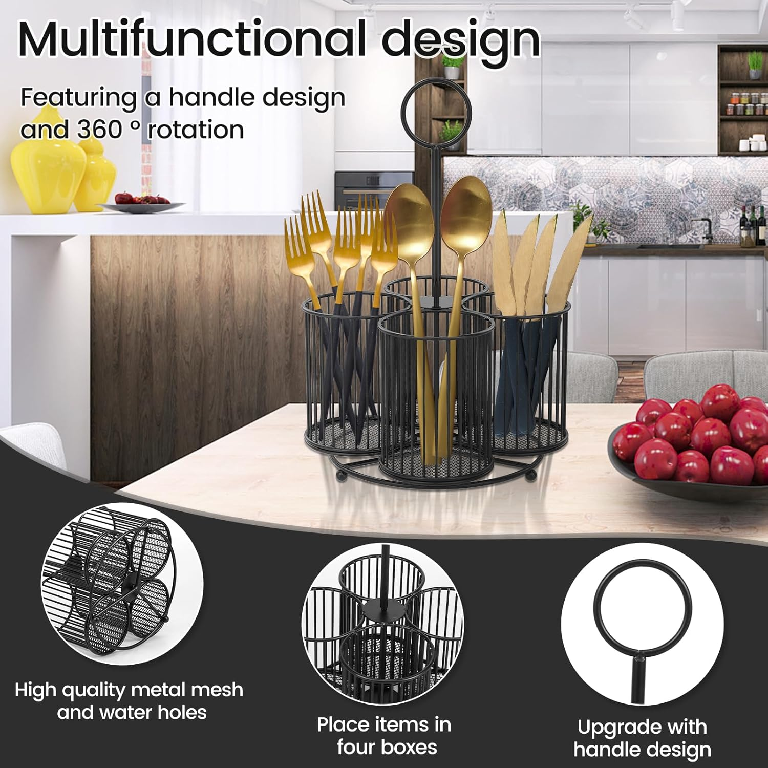 360&deg; Rotating Metal Utensil Caddy 4 Compartment Silverware Caddy Cutlery Caddy Fork Spoon Knife Utensil Organizer Multifunctional Utensil Holder for Parties Desk Organizer Caddy Pen Pencil Holder - Champagne Gold image number 6