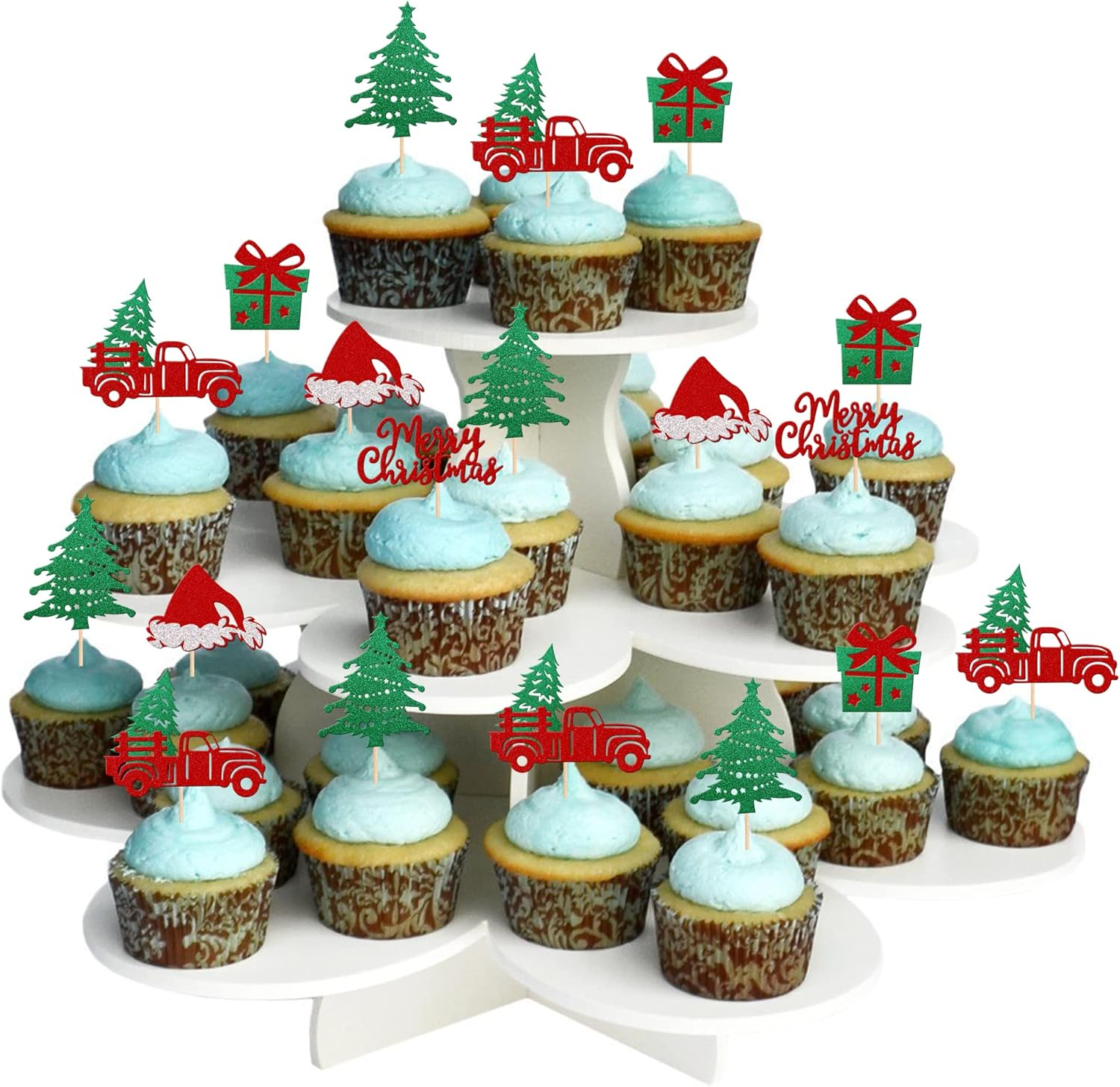 30 Pack Christmas Cupcake Toppers Glitter Christmas Truck Tree Hat Cupcake Picks Gift Box Cake Decorations for Christmas Theme Baby Shower Birthday Merry Christmas Party Supplies image number 2