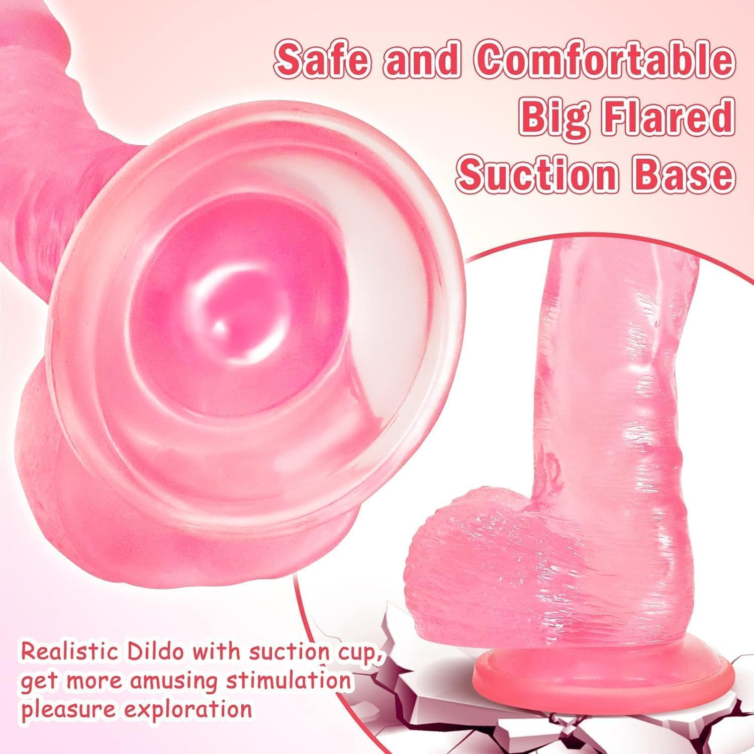 20CM Realistic Classic Pink Dildo Eye-Catching Flexible Silicone Toy, Smooth Super Soft Rod Bendable with Super Suction Cup (Pink Suction Cup) image number 2