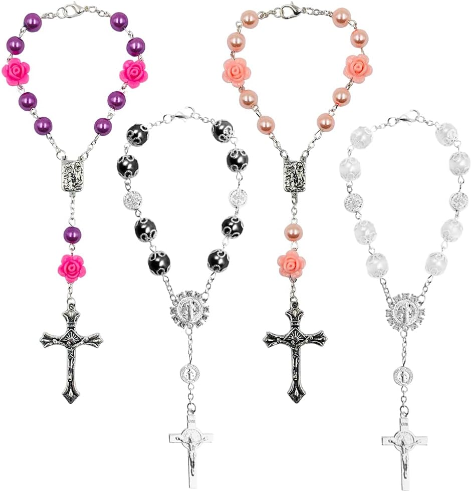 4 Pcs Car Rosary for Rearview Mirror, Rosary Beads Catholic Cross Blessing Hanging Accessories Car Medal Rearview Mirror Pendant(4 Colors) image number 2