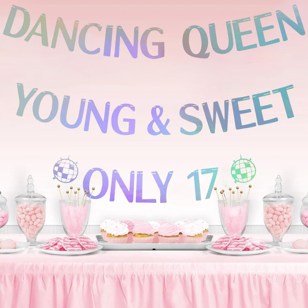 Dancing Queen Young & Sweet Only 17 Banner,Happy 17Th Birthday Party Decor for Girls, Cheers to 17 Years Party Decorations Supplies Holographic image number 4