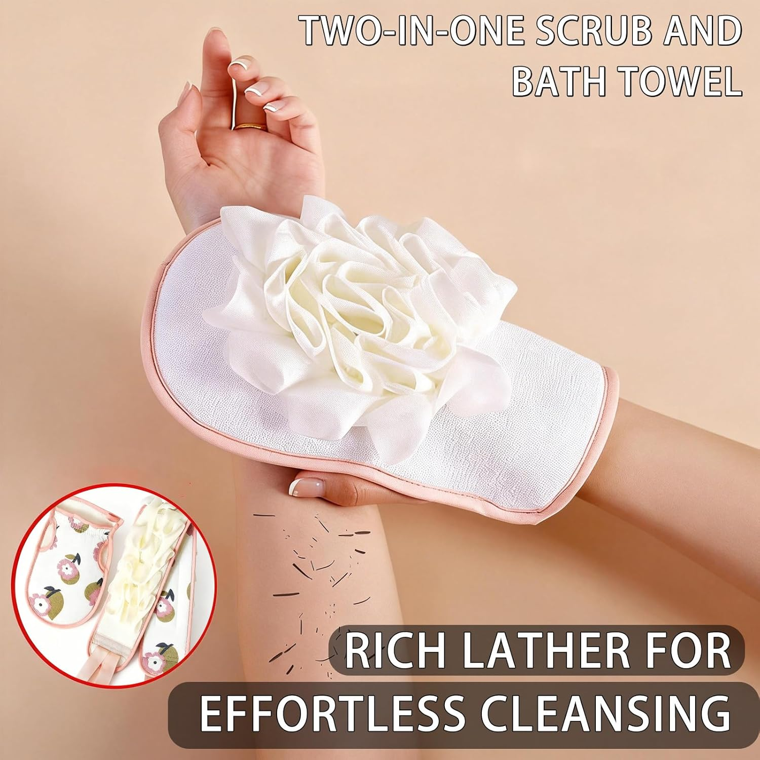 2Pcs Back Scrubber with Long Handle & Body Scrubber, Exfoliating Towel and Mitt Set for Shower and Bath (Pink) image number 2