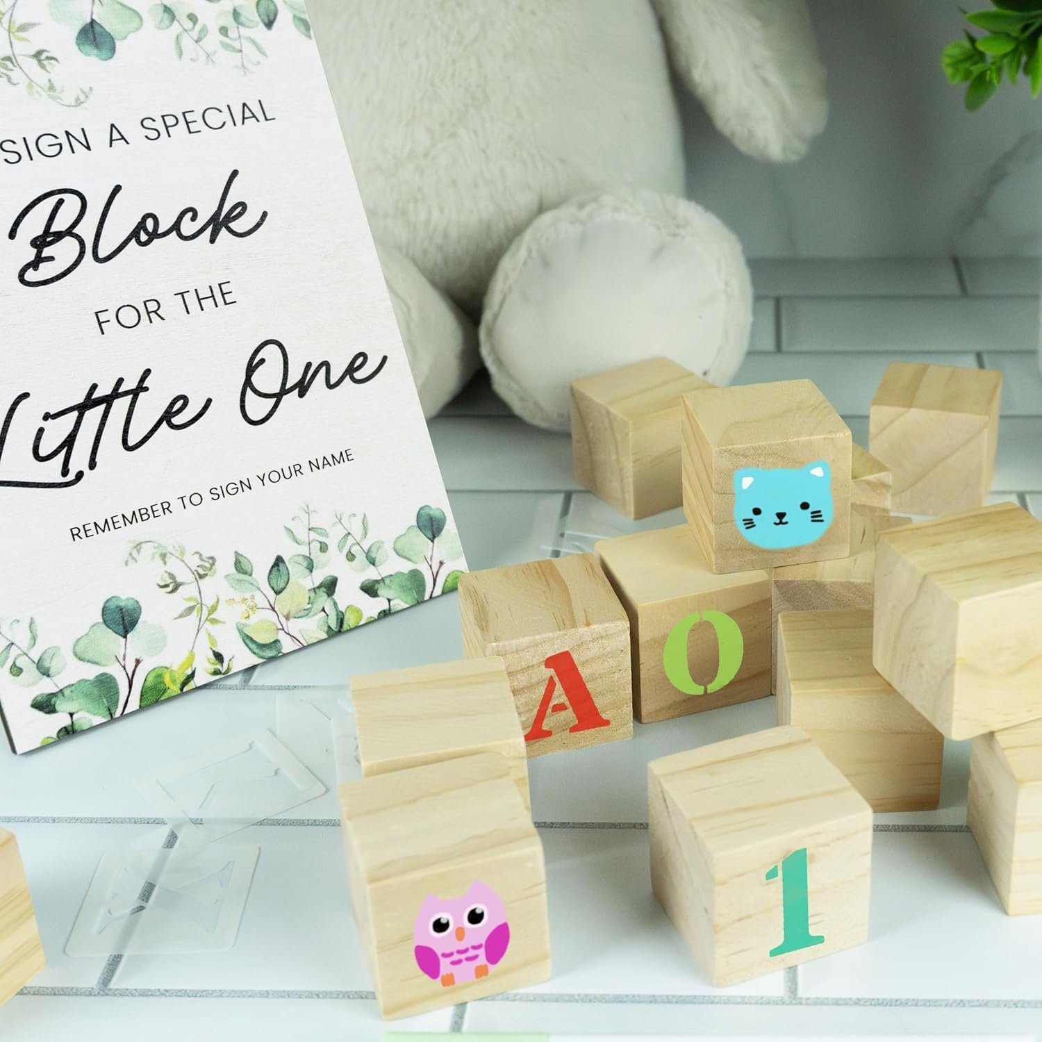 111 Pcs Baby Shower Party Decorate a Block Games Kit Including Decorate Game Sign 50 DIY Wooden Block 24 Acrylic Paint Marker 36 Stencils Baby Shower Prize for Gender Reveal Game(Boho,Classic Color) image number 3
