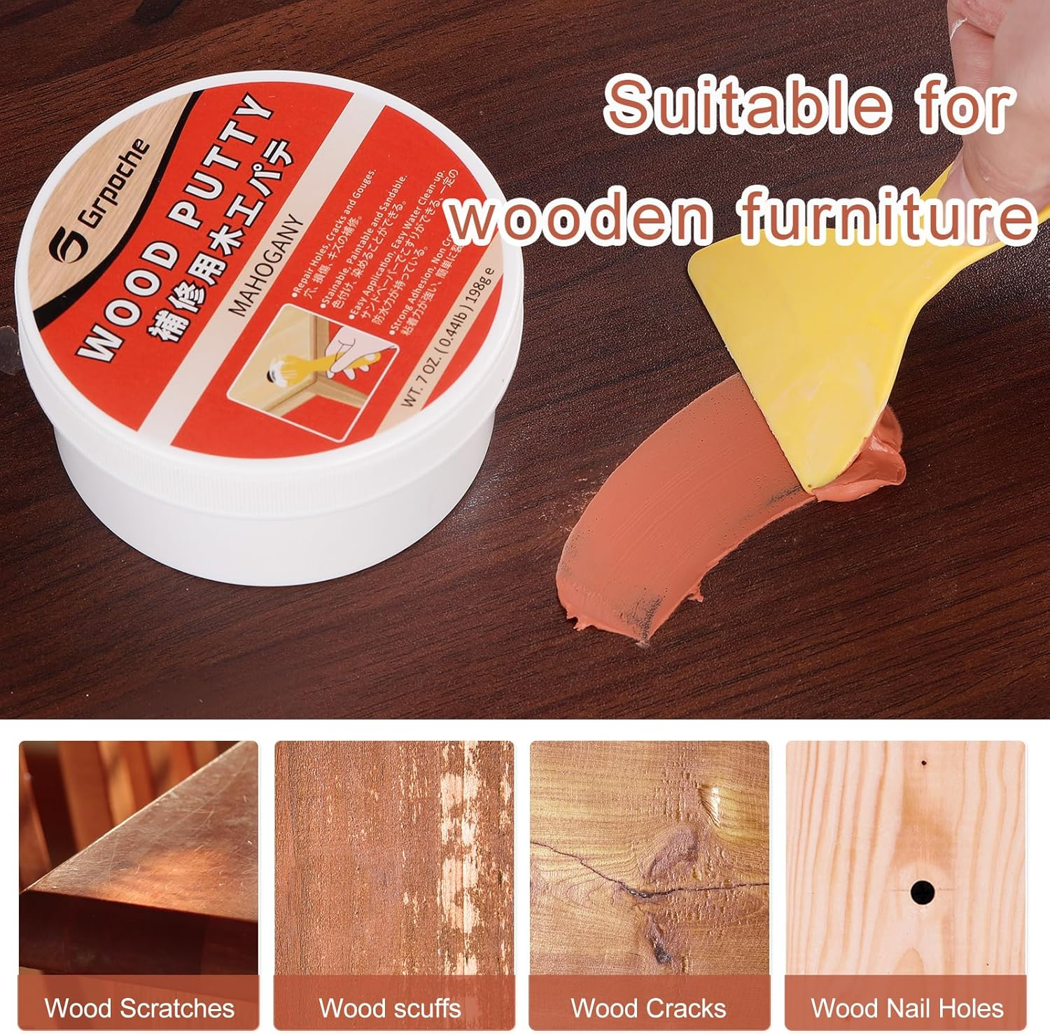 Wood Filler 200G Putty - Water-Based, Paintable, Stainable Premium Repair Kit for Door Trim, Table, Cabinet, Floors (Mahogany) image number 4