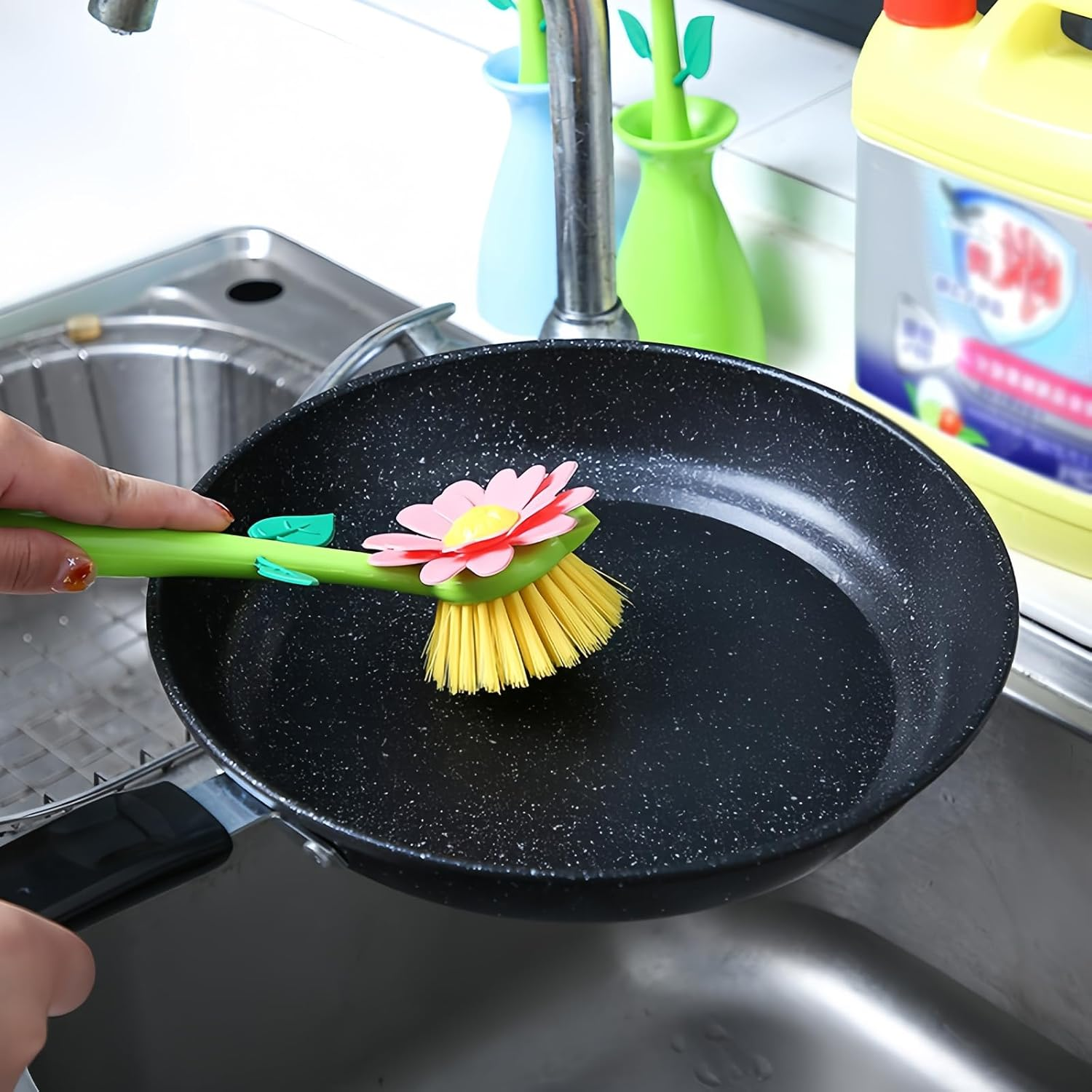 JANKOW Long Handle Flower Pot Brush, Florganic Dish Brush with Vase, Long Handle Dish Brush Kitchen, for Cleaning Pot Pan Sink Kitchen Supplies Decorative Vase (2 Pcs) (Purple/Pink) - Blue/Pink image number 2