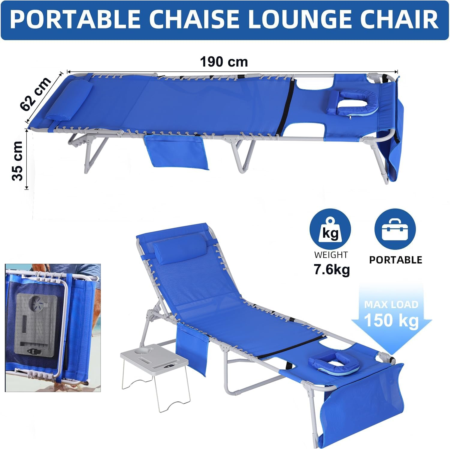 Dxzephious 3-In-1 Sun Tanning Chair with Face Holes, Breathable Chaise Lounge Chair Outdoor, 5-Position Recliner, Lay Flat, Folding Side Table, Removable Pillow, Max 330Lbs, Beach, Patio, Camping image number 2