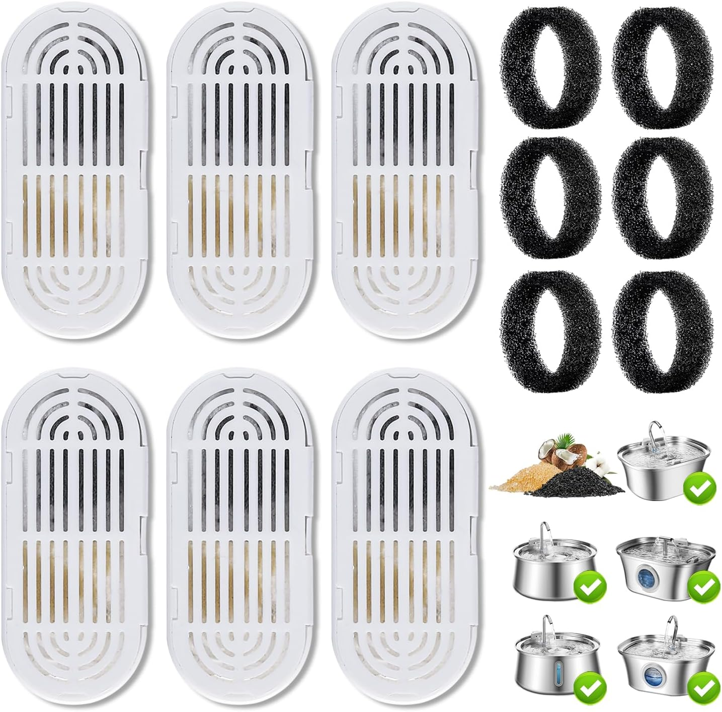 6 Pack Cat Water Fountain Filters,Replacement Filters & Replacement Pre-Filter Sponges for 3.2L/108Oz Pet Water Fountain with Water Level Window