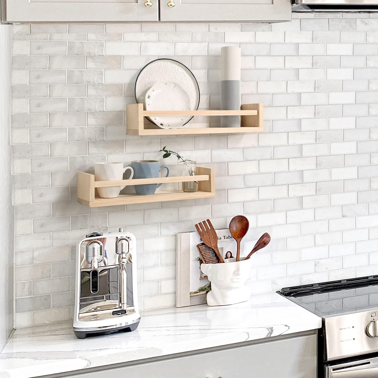 2 Pack Nursery Book Shelves, Wood Floating Book Shelves, Rustic Baby Nursery Shelf Decor for Bedroom, Living Room (Brown) image number 3