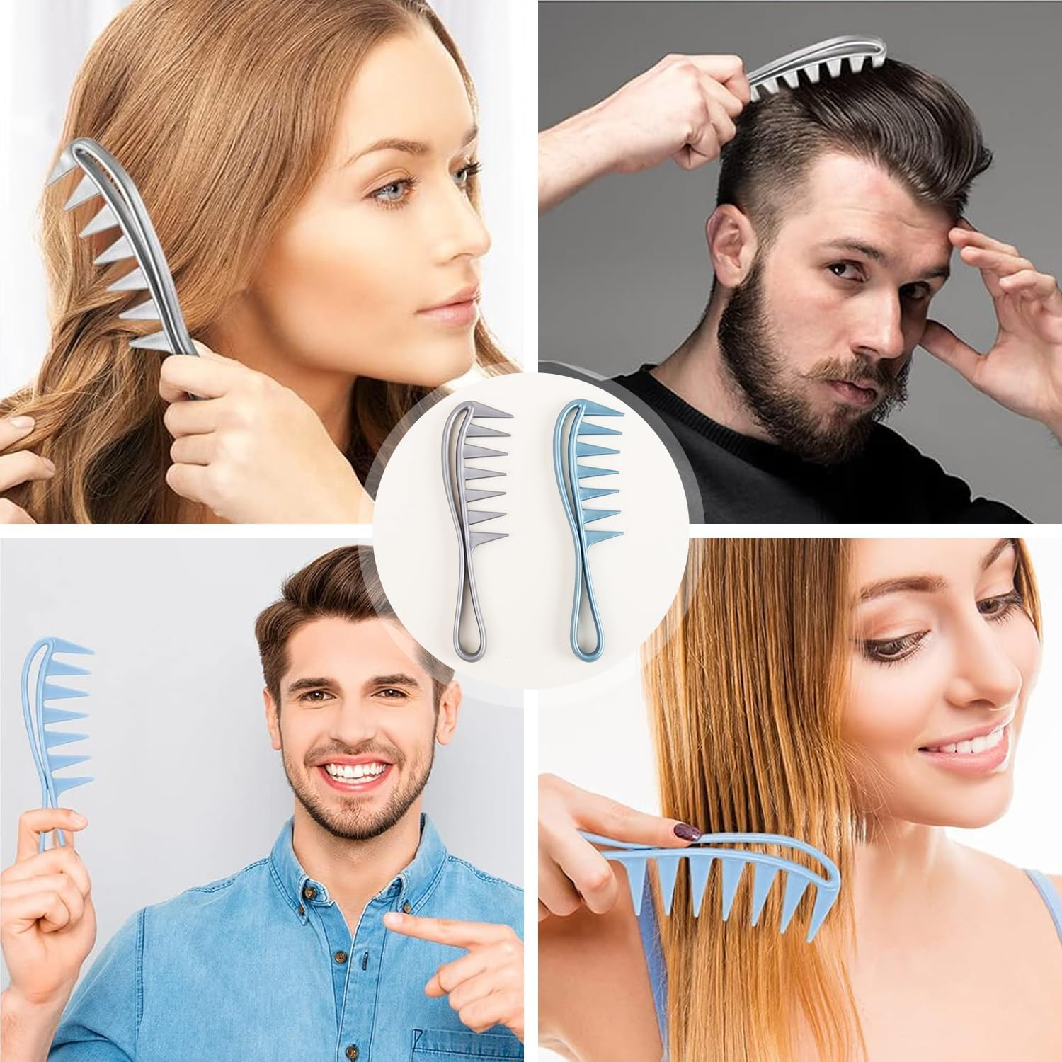 2 Pieces Coarse Tooth Comb, Wide Tooth Combs with Shark Tooth Design, Durable Plastic Curling Comb, Hairdressing Tool with Coarse Comb Structure for Curly, Wet, Wavy Hair and Wigs (Blue, Gra) image number 6