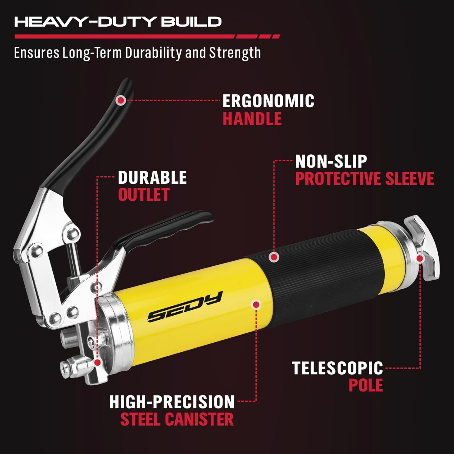 SEDY 17-Piece Heavy Duty Grease Gun Kit: 8000 PSI with 14Oz Grease Cartridge Flexible Hose Pistol Grip Marine Durable Connectors Adapters Extension Tubes Nozzle Easy Operation image number 3