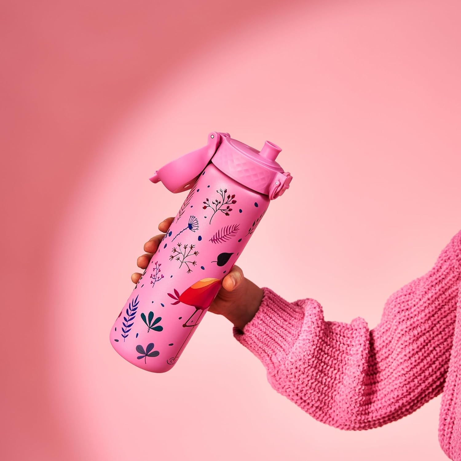 Ion8 Steel Water Bottle, 600 Ml/20 Oz, Leak Proof, Easy to Open, Secure Lock, Dishwasher Safe, Flip Cover, Fits Cup Holders, Carry Handle, Durable, Metal Water Bottle, Raised Print, Flamingo Design