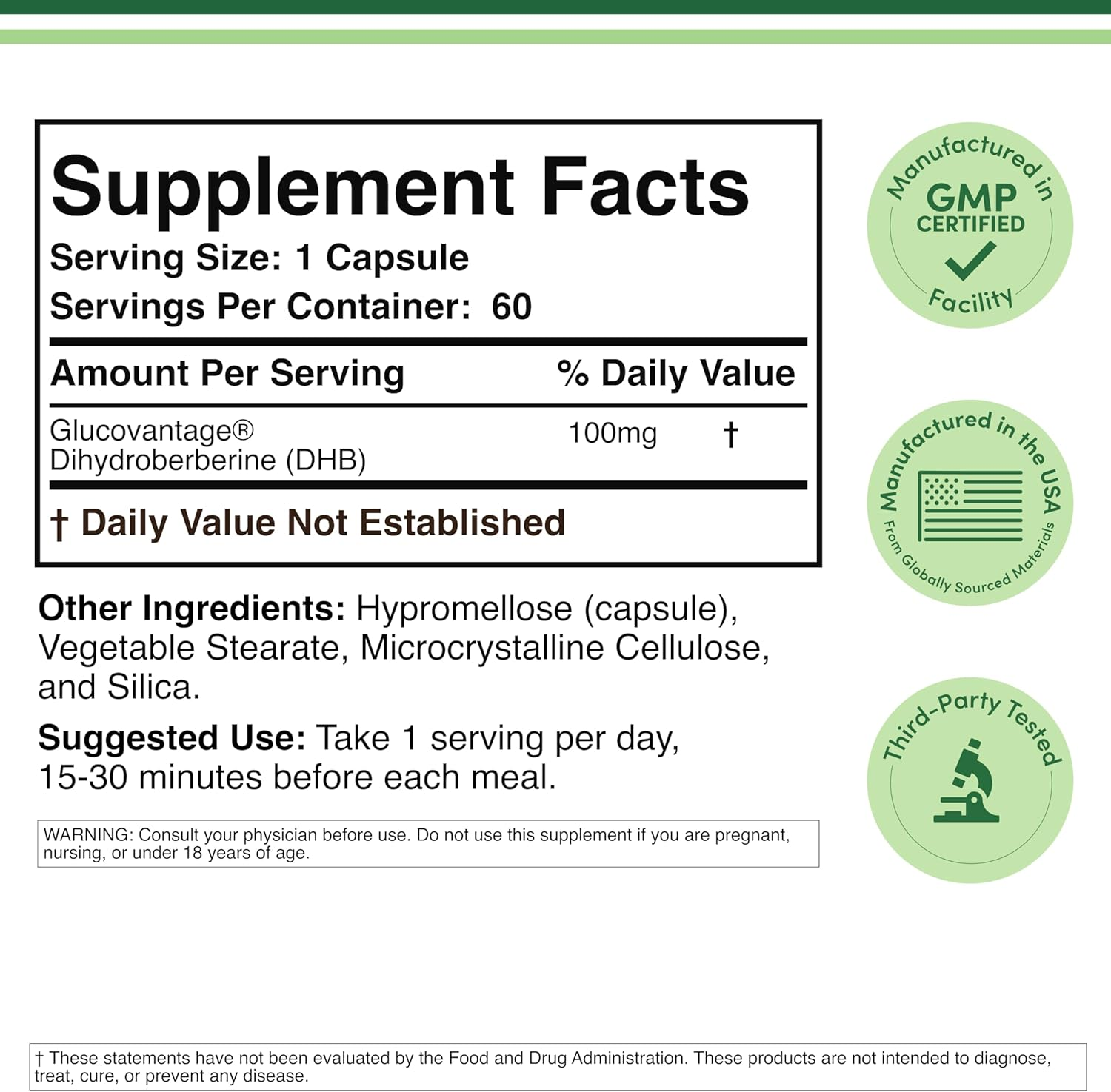 Dihydroberberine Supplement 100Mg, 60 Capsules (Patented Glucovantage Super Berberine, May Be 5X More Effective than Berberine with Less Side Effects) Third Party Tested, Vegan Safe by Double Wood image number 4