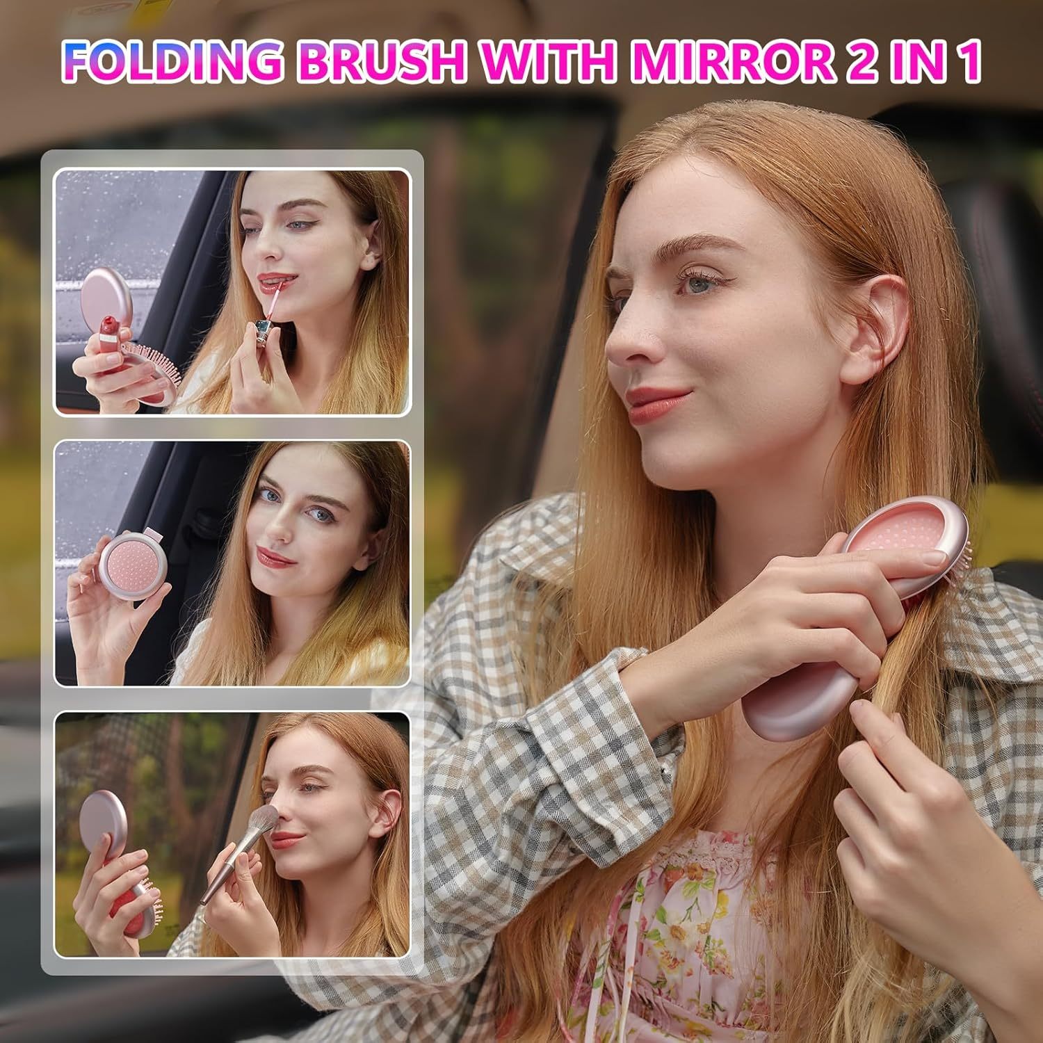 STUDLLY LCD Screen Cordless Hair Straightener Curler 2 in 1, Portable Mini Hair Straightening Brush for Travel Negative Ionic Fast Heating Hot Comb for Women, Folding Brush with Mirror, White - Black image number 2