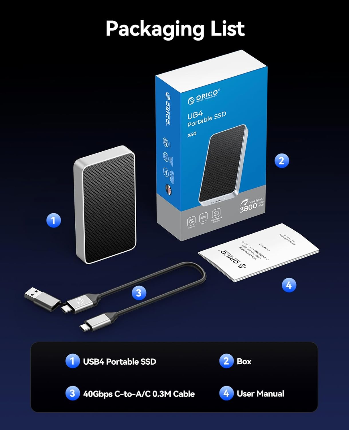 ORICO 2TB USB4.0 Portable SSD 3800Mb/S(40Gbps), Ultra-Fast External Solid State Drive, Compatible with Thunderbolt 3/4, USB4, Fanless Aluminum Design, Works with Mac and PC-X40