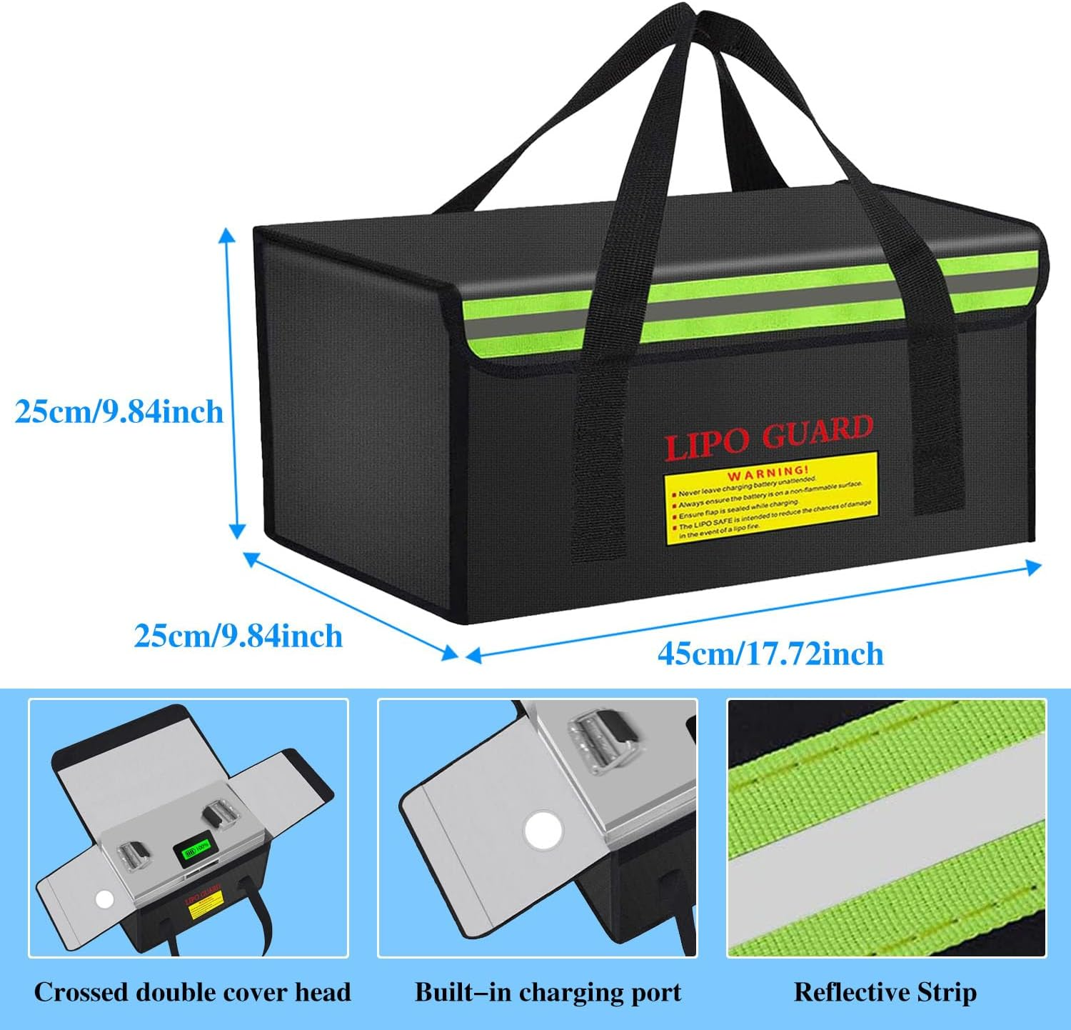 19.3"X5.9"X7.1" Ebike Battery Safe Bag Lipo Battery Charging Bag Large Capatity for Ebike Lipo Battery Pack Storage Charging Transport, Home Office Travel Fireproof Safe Storage Pouch image number 4