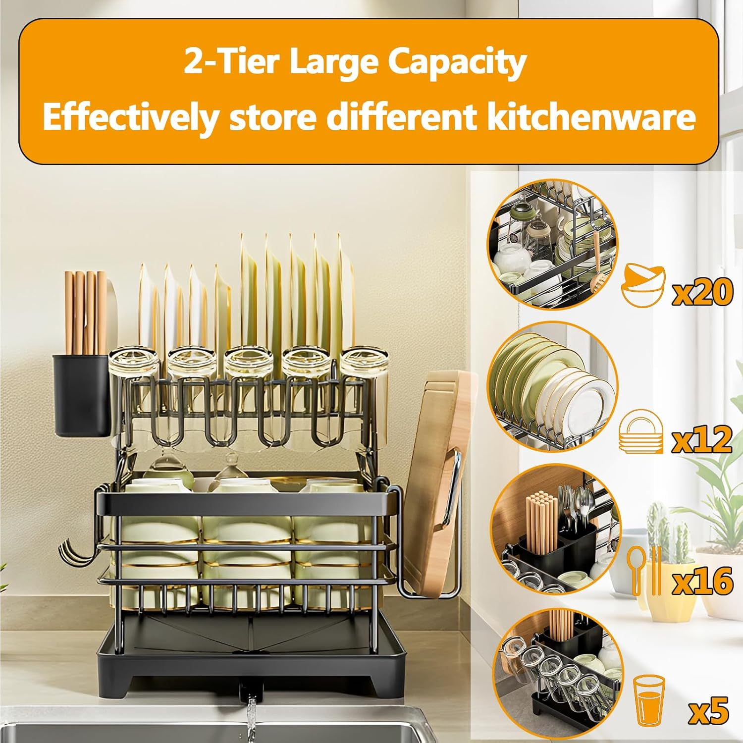 Dish Drying Rack, Kitchen Storage & Organisation - over Sink Dish Drainer with 360&deg; Rotating Drain Board, Cup Holder, Chopping Board Stand, Utensils Holder, Strong Carbon Steel Plate Rack image number 3