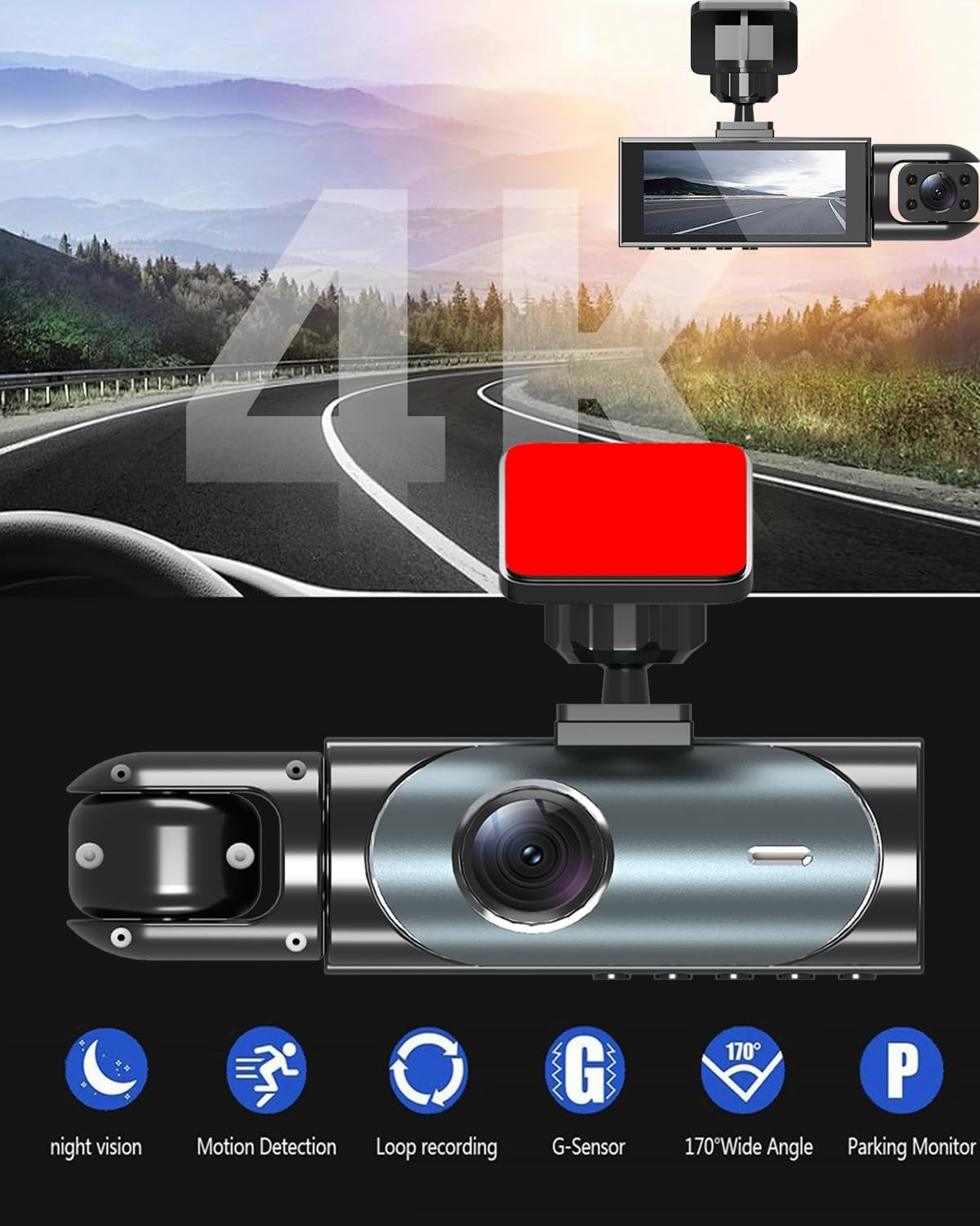 3 Channel Dash Cam Front and Rear inside for Cars, 4K Full UHD Car Camera with 32GB Card, IR Night Vision, 3.18&rdquo; IPS Screen, 176&deg; Wide Angle, 24H Parking Monitor, G-Sensor, Loop Recording