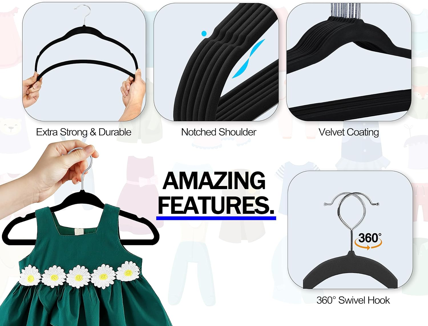 GVTECH Kids Hangers Velvet, [50 Pack] Children Cloth Durable Baby Hangers for Closet - Perfect Infant Toddler Kid Hanger for Everyday Use, Non Slip 360&deg; Hooks for Shirt, Pant, Dress (50 Pack, Black)