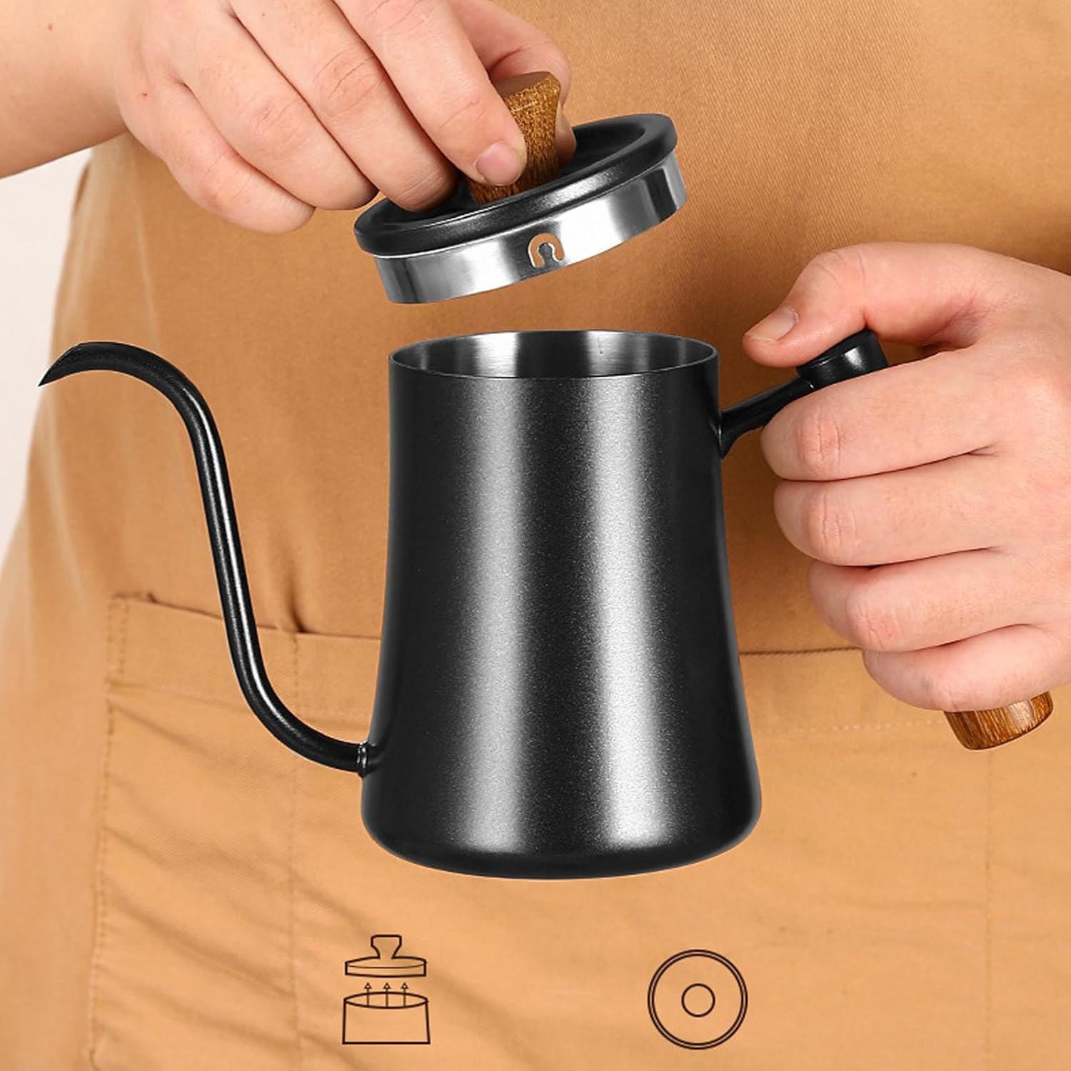 Yduupxe Pour over Kettle, 500Ml 304 Stainless Steel Gooseneck Spout Coffee Kettle with Scale Wooden Handle for Home Camping Barista Coffee Tea Brewing image number 2