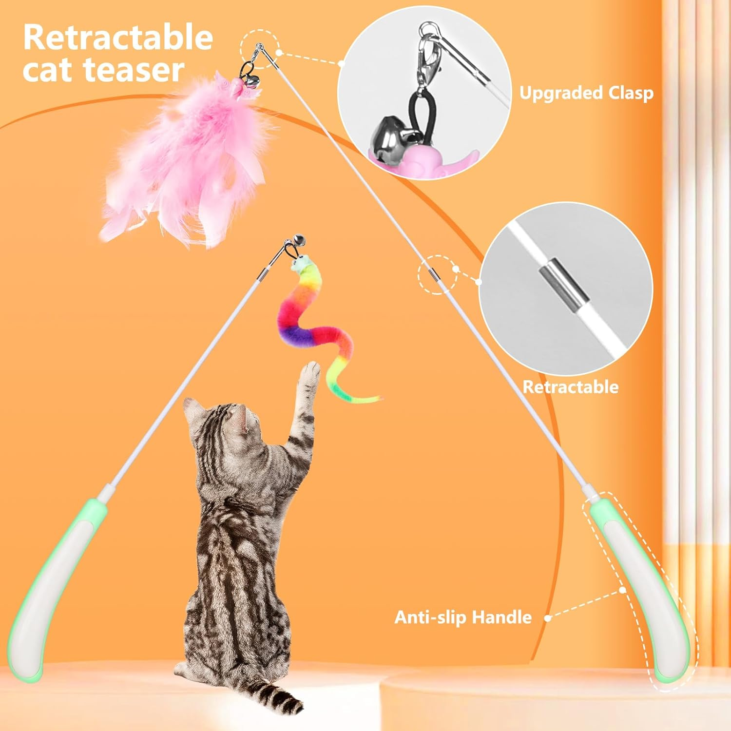 Hianjoo 12PCS Teaser Cat Toy, 4 Retractable Cat Wand Toys and 8 Replacement Teaser Refills with Bell, Interactive Catcher Teaser for Kitten or Cats image number 1