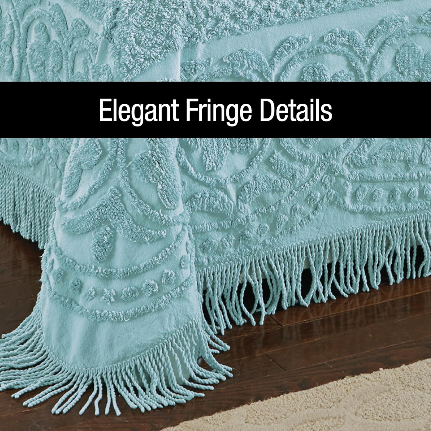 (Queen, Sage) - Calista Chenille Bedspread with Fringe Border, Sage, Queen, Cotton