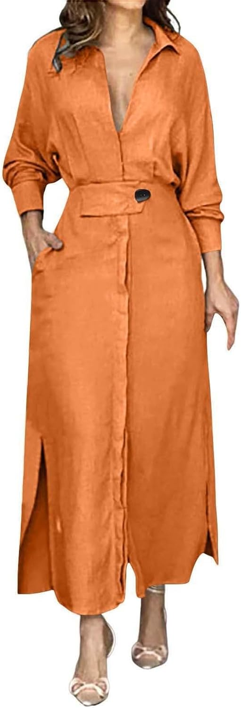 Cute Maternity Dress for Women Cotton Linen Formal Maxi Dress Casual Lapel Long Sleeve Dresses with Pockets V Neck Dresses Flower Pattern Pan Collar Women image number 2