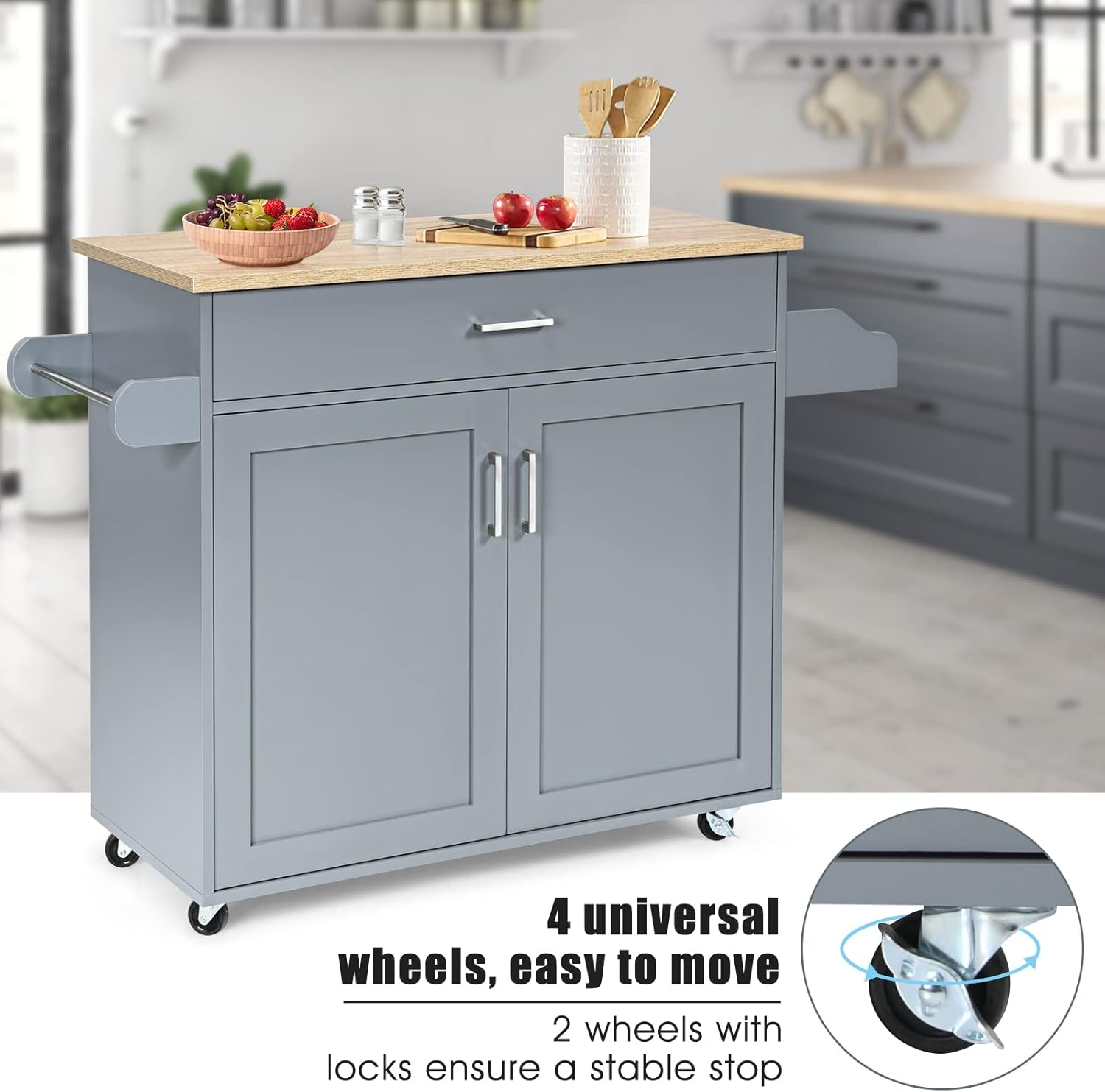 Costway Rolling Kitchen Island Cart with Storage, Serving Trolley Cart with Towel Rack, 3-Level Adjustable Shelf & Lockable Wheels, Mobile Island Table, Organizer Furniture (Grey) image number 6