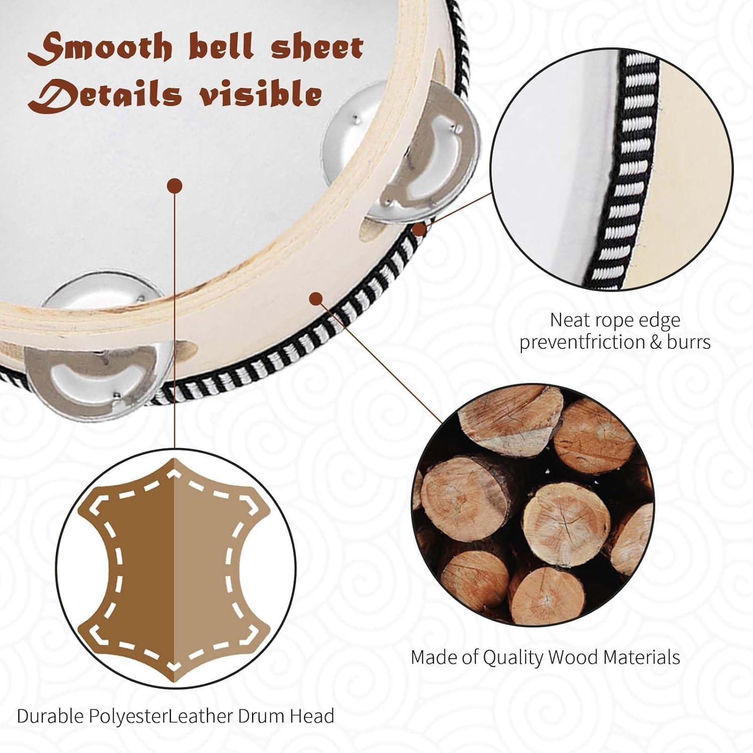 3 Packs Tamborines 6&rdquo;8&rdquo;10&rdquo;Tambourine for Adults Wooden Tambourines Drum Percussion, Tambourine Gift Musical Educational Metal Jingles Church KTV Party Music Therapy image number 4