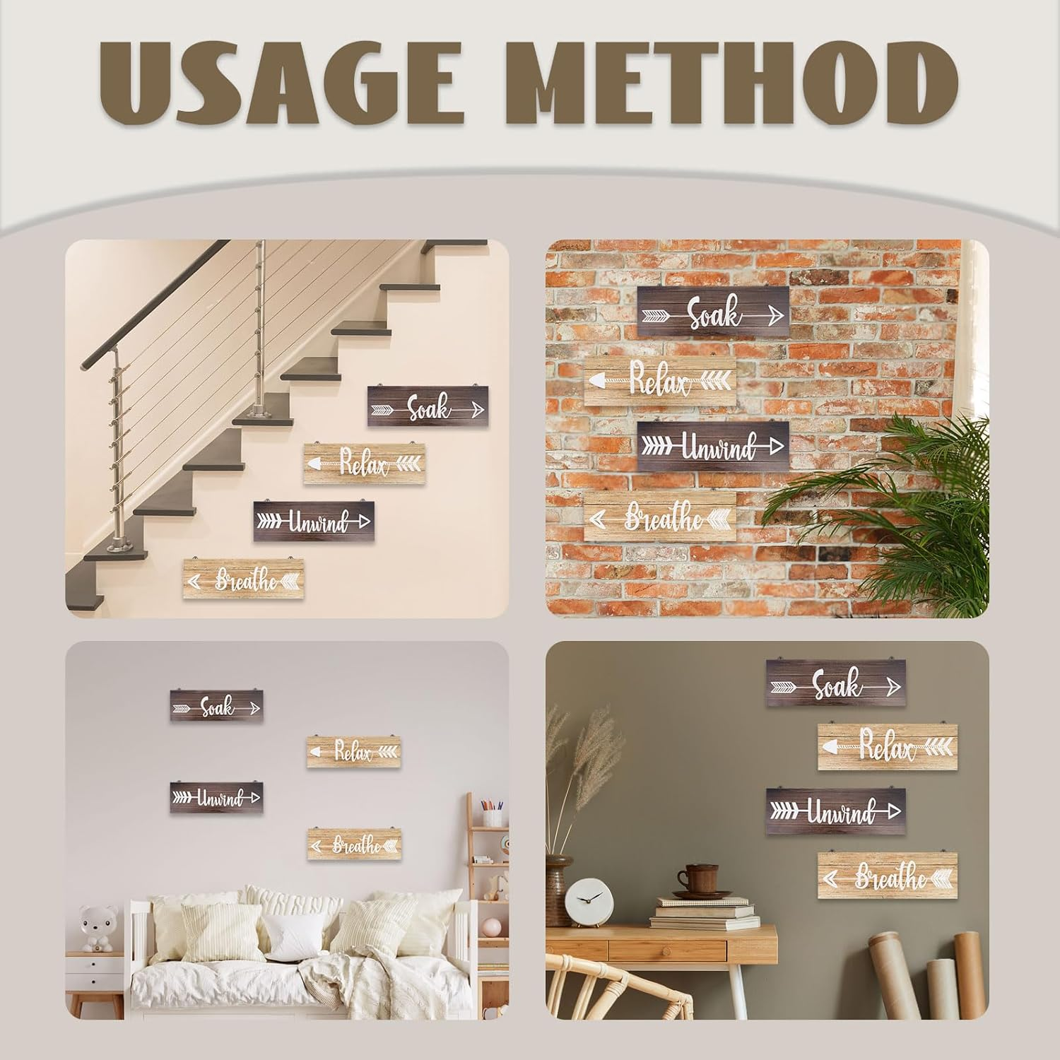 Realand 4 Pieces Bathroom Decor Wall Art, Rustic Farmhouse Bathroom Wall Decor Soak Relax Unwind Breathe Boho Country Vintage Decorative Wooden Signs for Home Spa Laundry Room image number 5