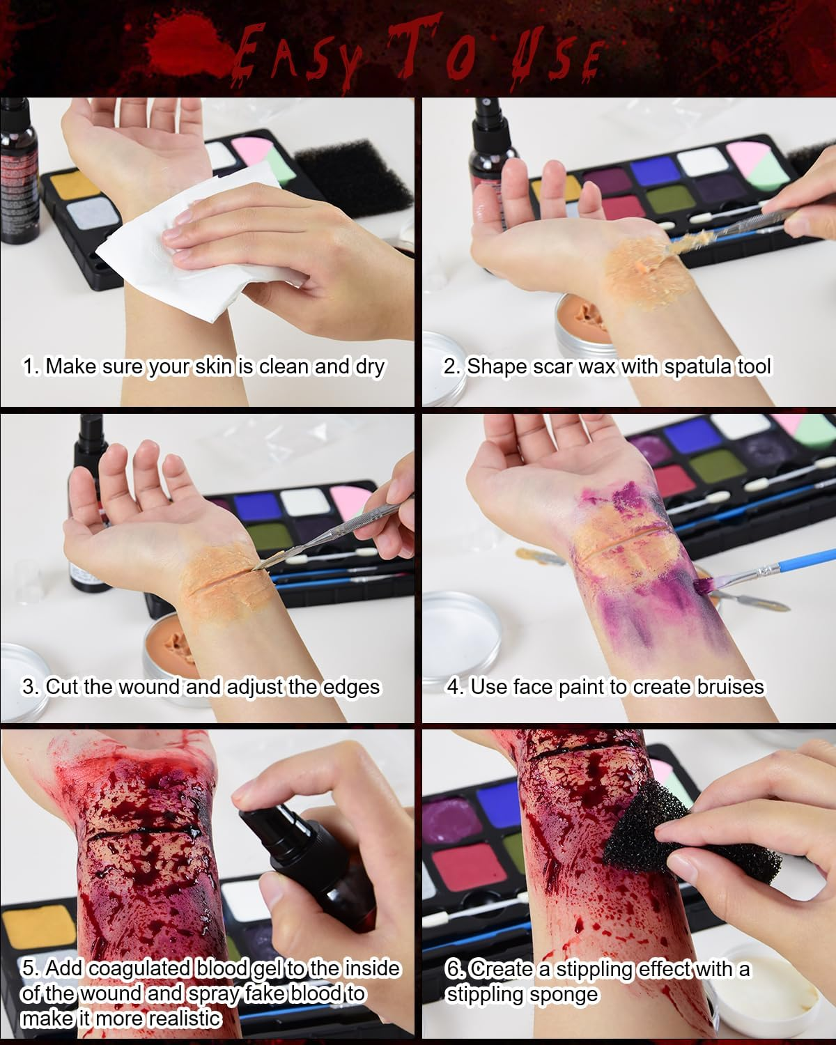 Roizefar SFX Makeup Kit, 8-Color Professional Special Effects Face & Body Paint Palette with Scar Wax, Fake Blood Cream & Brushes, Perfect for Halloween, Cosplay & More image number 5