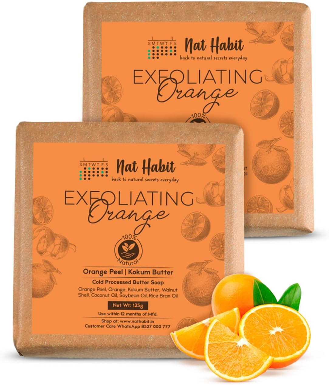 Nat Habit Exfoliating Orange Butter Bath Soap with Ayurvedic Cold Processed for Brightening, Scar Reduction, Exfoliation,Tan Removal (Pack of 2 X 125Gm) image number 5