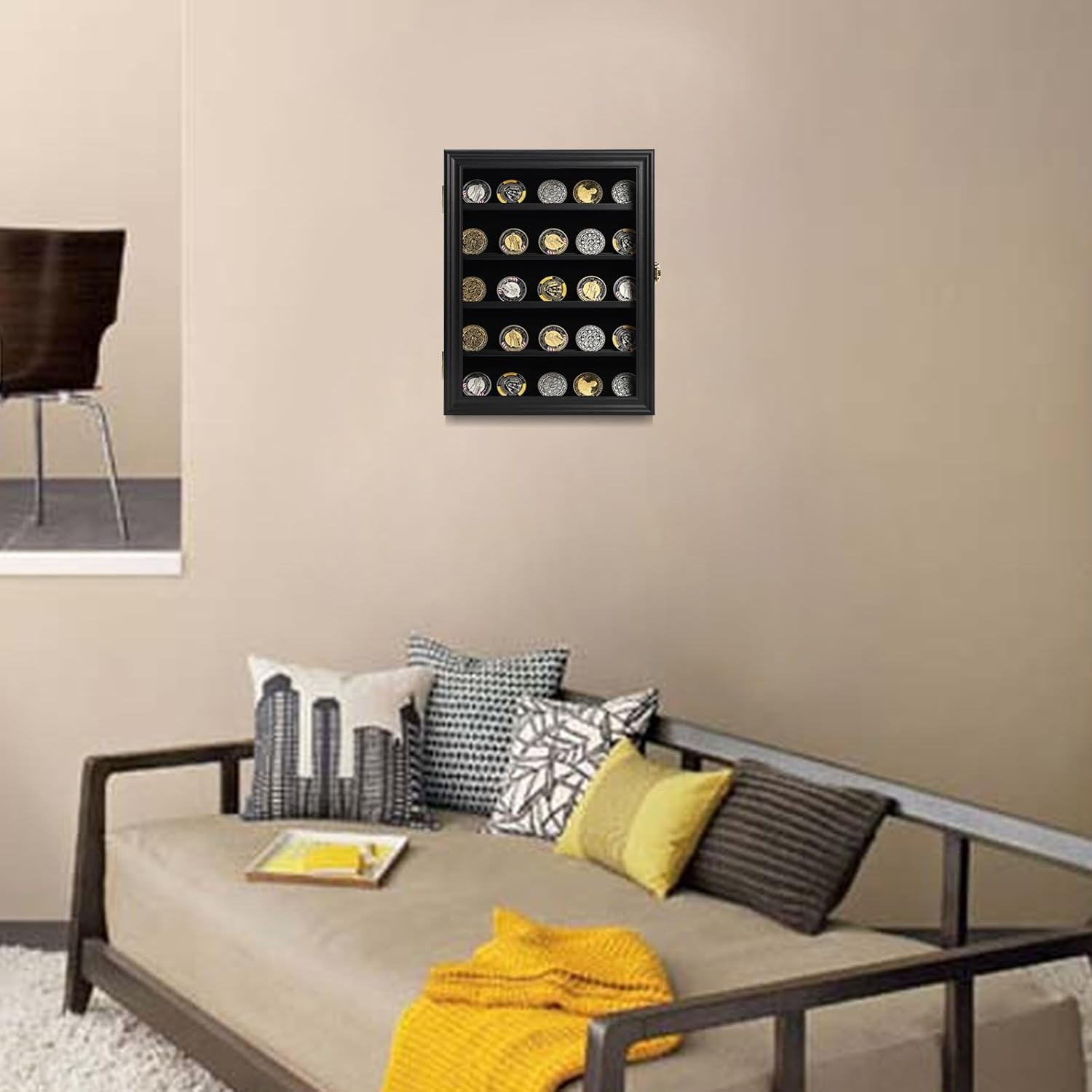 Sboitflmm Military Challenge Coin Display Case Lockable Cabinet Shadow Box with Removable 2 Grooves Shelves and anti Fade Acrylic Glass Door for Casino Poker Chips Collectibles Small Black image number 3