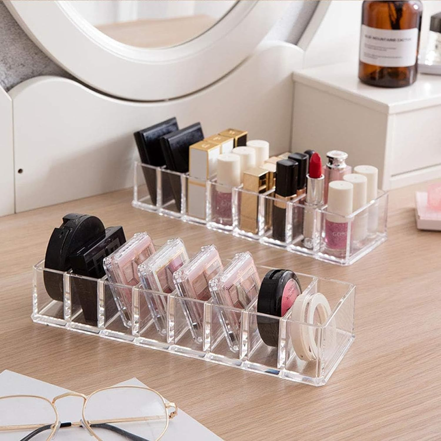 Tavvke 2 Pack 8-Compartment Clear Makeup Organizer, Cosmetic and Jewelry Storage Box for Lipstick, Eyeshadow, Blush, Highlighters, Perfume, Skincare, Dresser and Bathroom Display Case image number 4