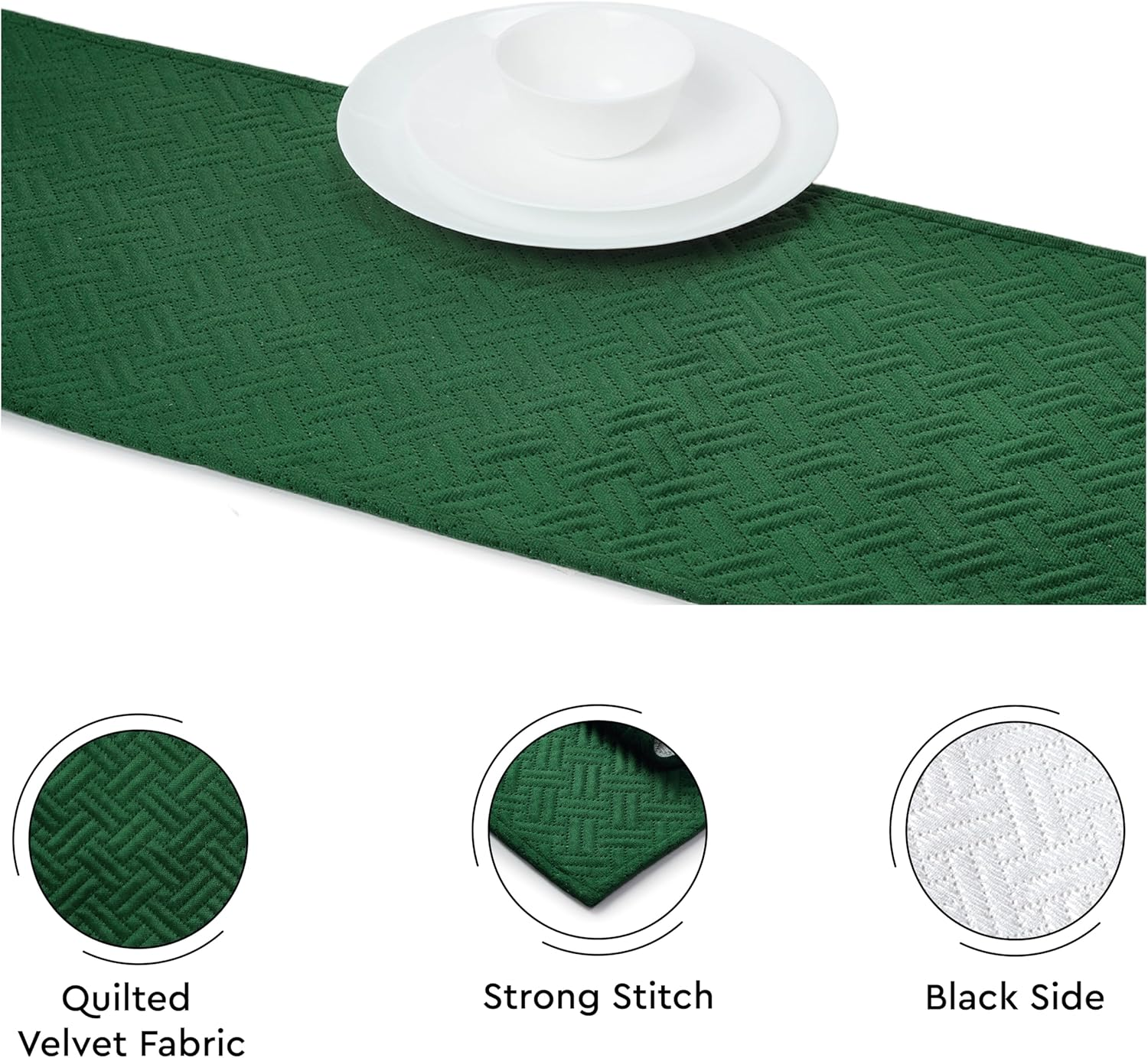 Encasa Dining Table Runner for 4 to 6 Seater | Forest Green Quilted Velvet | 32X150 Cm | Machine Washable image number 1