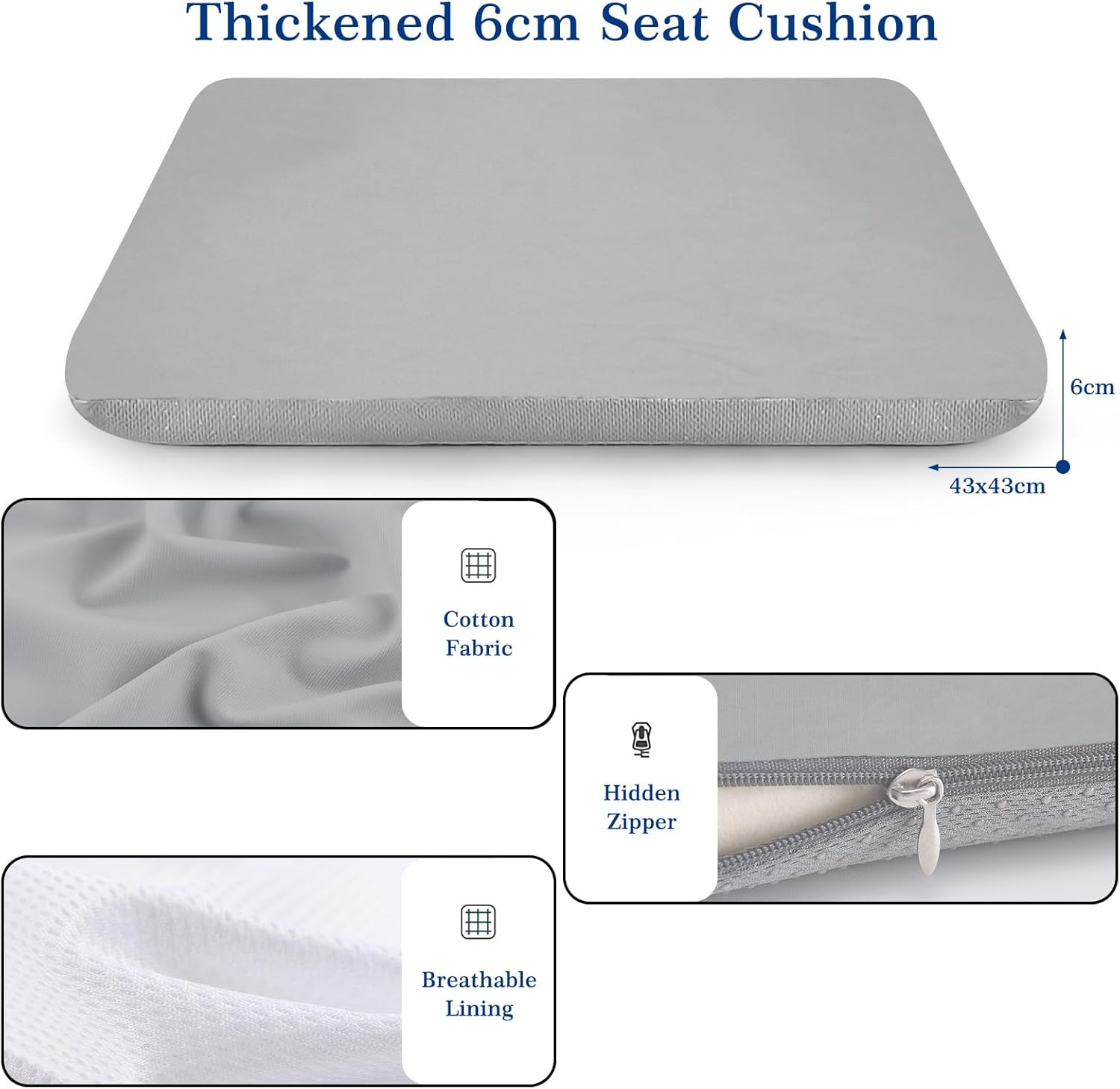 Seat Cushion Large 43X43X6Cm Super Elastic Latex Office Chair Cushion Car Home Office Seat Cushions Softness Breathable Anti-Slip Washable (Light Grey Ice Silk) image number 4
