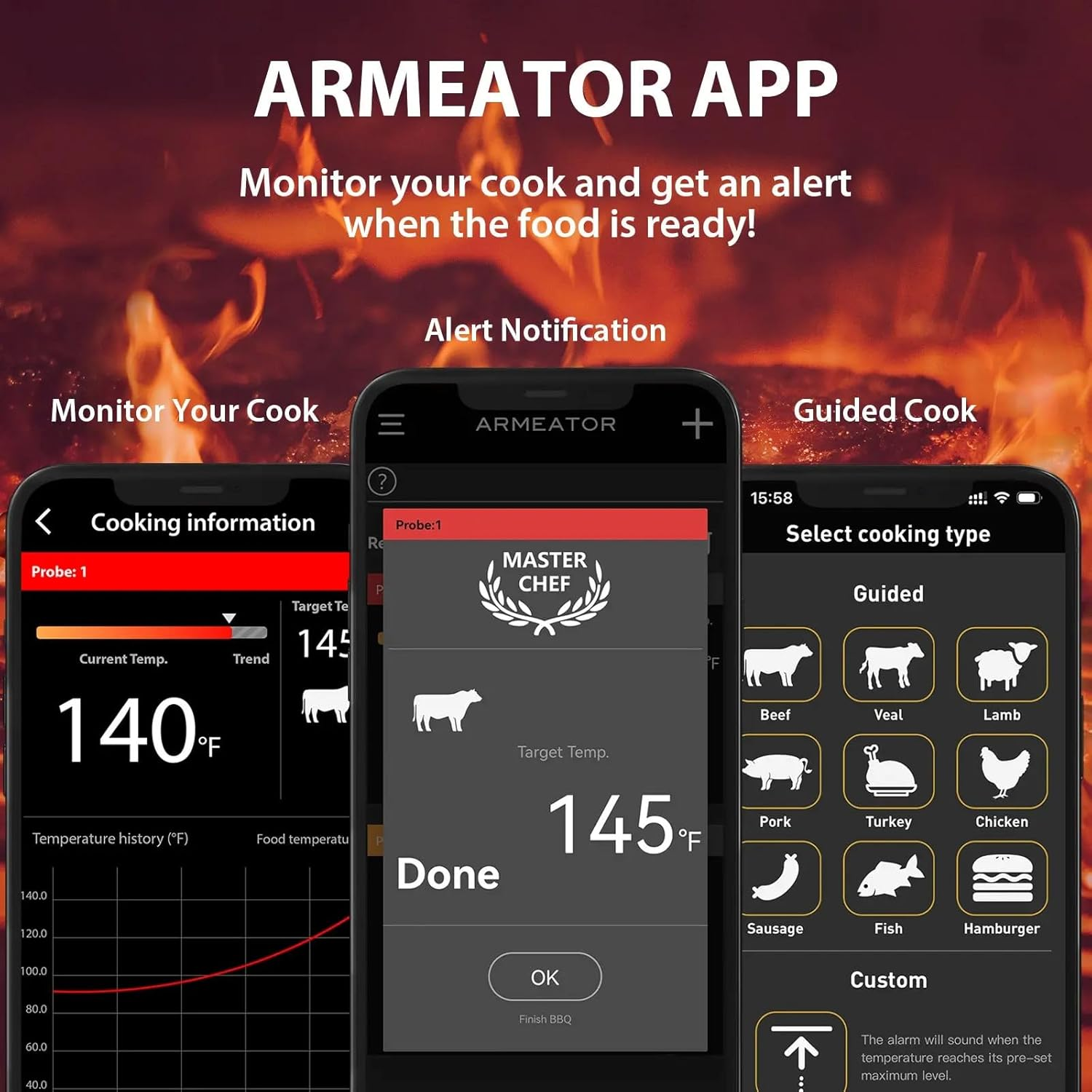 ARMEATOR ONE Smart Wireless Meat Thermometer - 72Hr Battery, 500&deg;C Heat Resistant, 70M Range, Bluetooth 5.3, Ultra-Fine 5.5Mm Probe, Ios/Android App, for BBQ, Grill, Oven, Smoker image number 1
