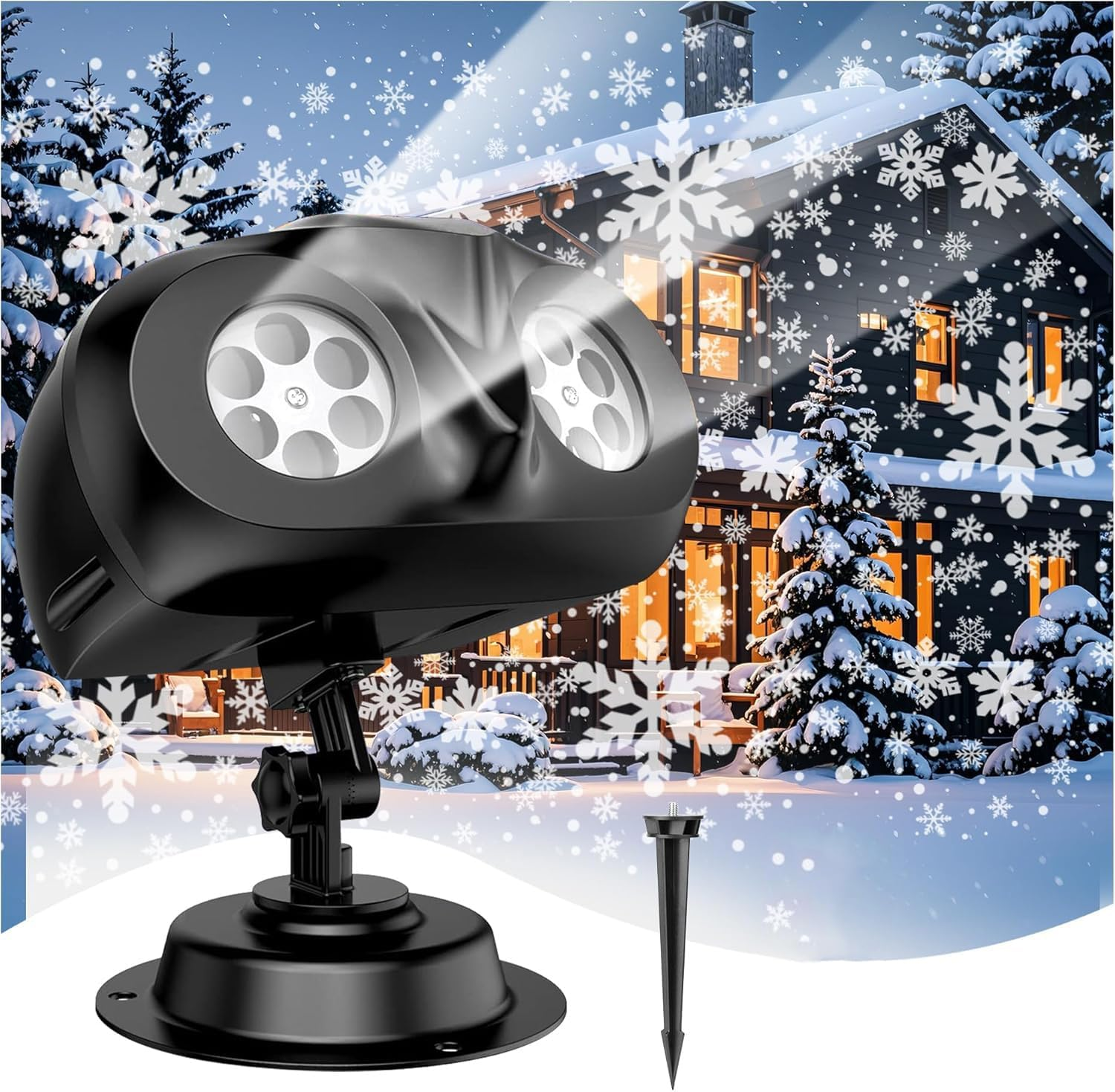 Christmas Double Head Snowflake Projection Lights, Outdoor LED Christmas Lights IP65 Waterproof,Dynamic Rotating Snow Lamp Brighter LED Landscape for Halloween Xmas Party Wedding Holiday Garden image number 5