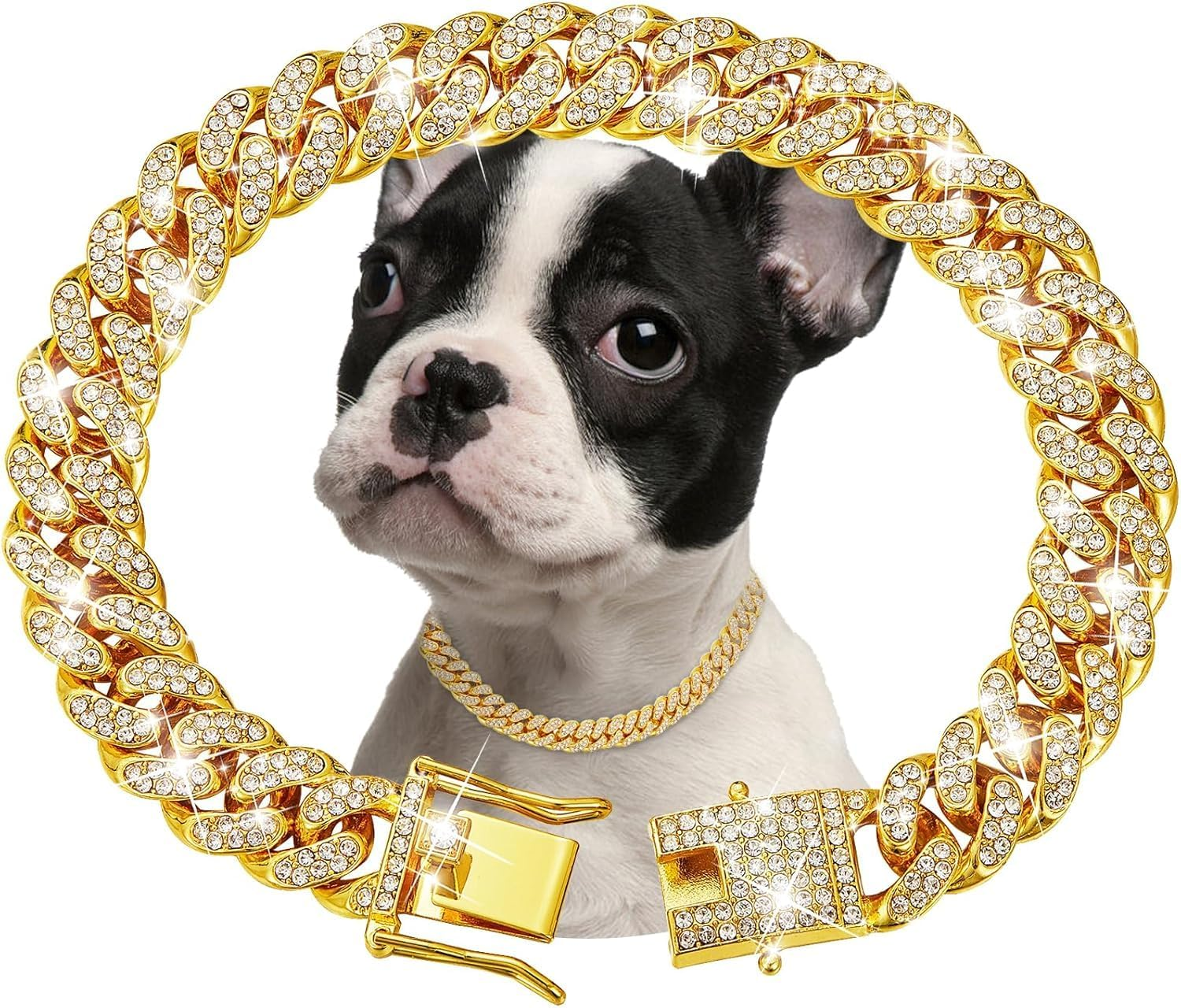 Diamond Cuban Link Dog Collar 13Mm Wide Dog Necklace Metal Cat Chain Pet Crystal Collar Jewelry Accessories for Small Medium Large Dogs Cats Silver Chain Collar (16Inch)