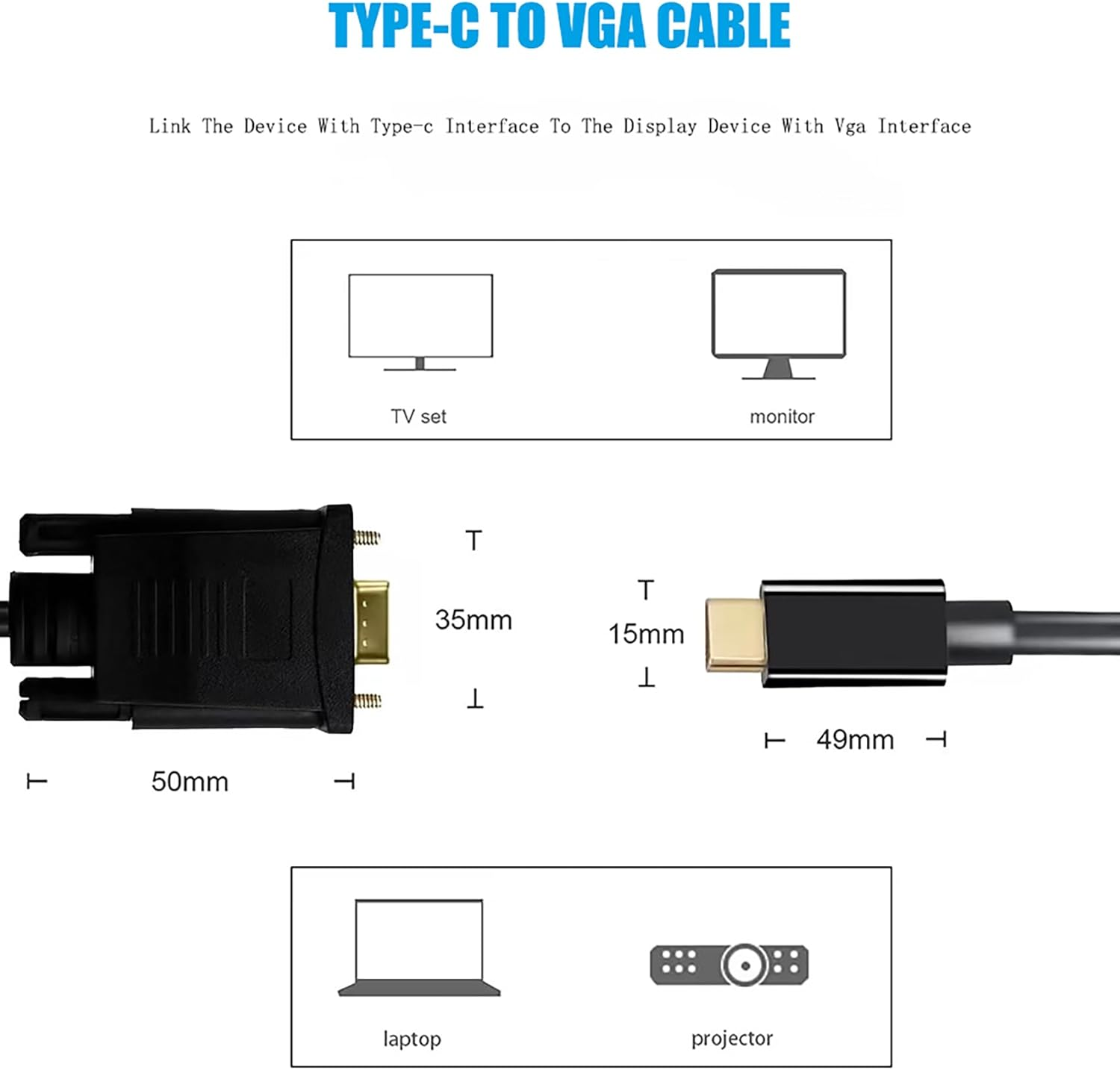 Tunghey USB C to VGA Cable, USB Type-C to VGA Adapter Cable, 1080P USB C Male to VGA Male Adapter Converter Cable with Gold Plated Port for Monitor Desktop, Projector, Monitor Television (1.8M) image number 5