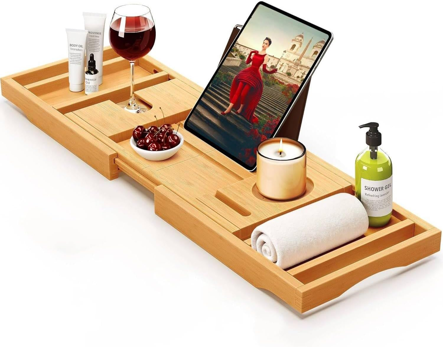 Premium Foldable Bathtub Tray, Expandable Bath Tray for Tub, Bamboo Shelf, Bathroom Accessories for Spa or Reading Life Style image number 4