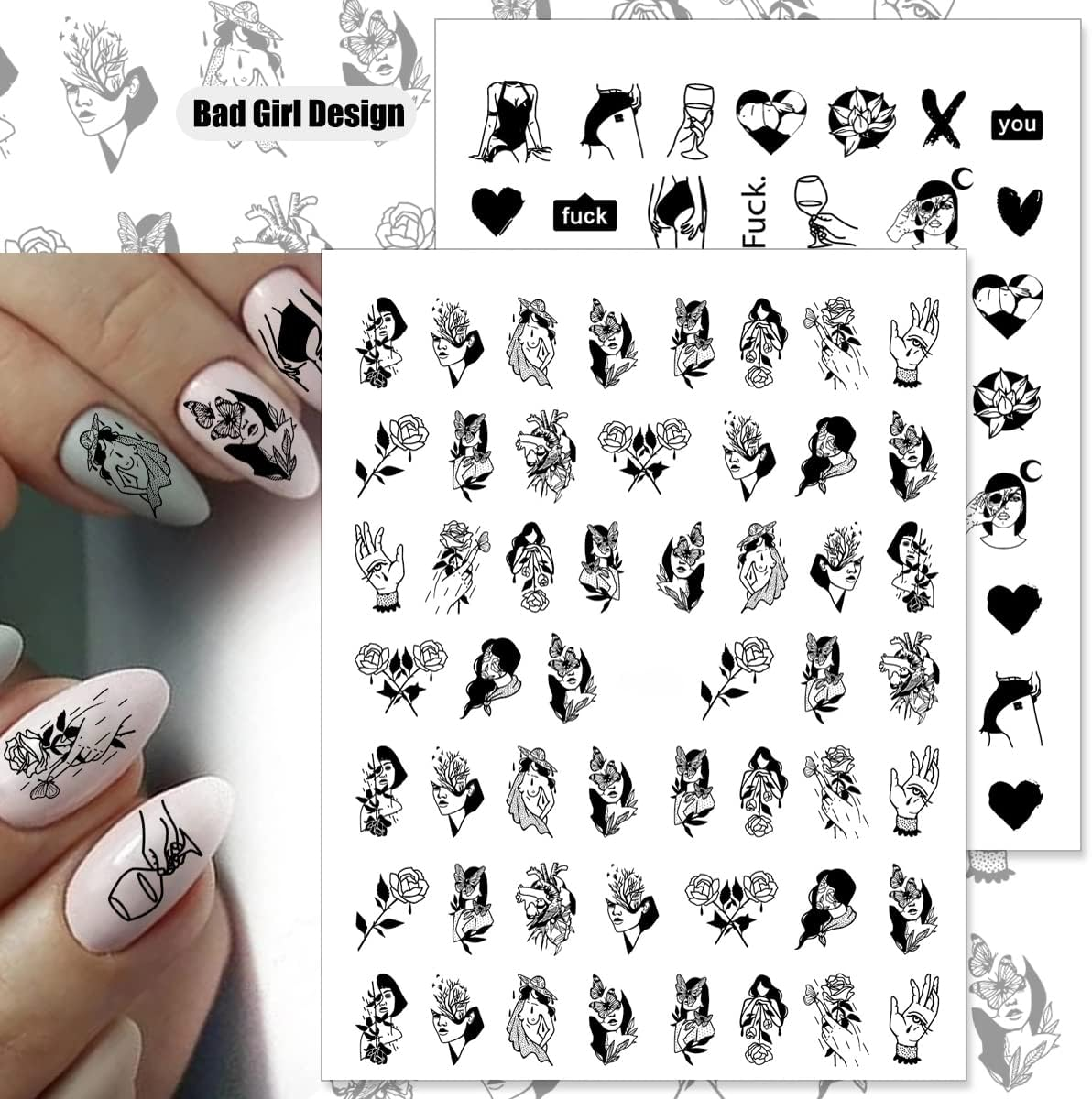 8 Sheets Bad Girl Nail Art Stickers 3D Self Adhesive Stickers Abstract Black White Design Nail Art Supplies Sexy Girls Nail Stickers for Women Girls Graffiti Fun Nail Decoration DIY Manicure Tips image number 6
