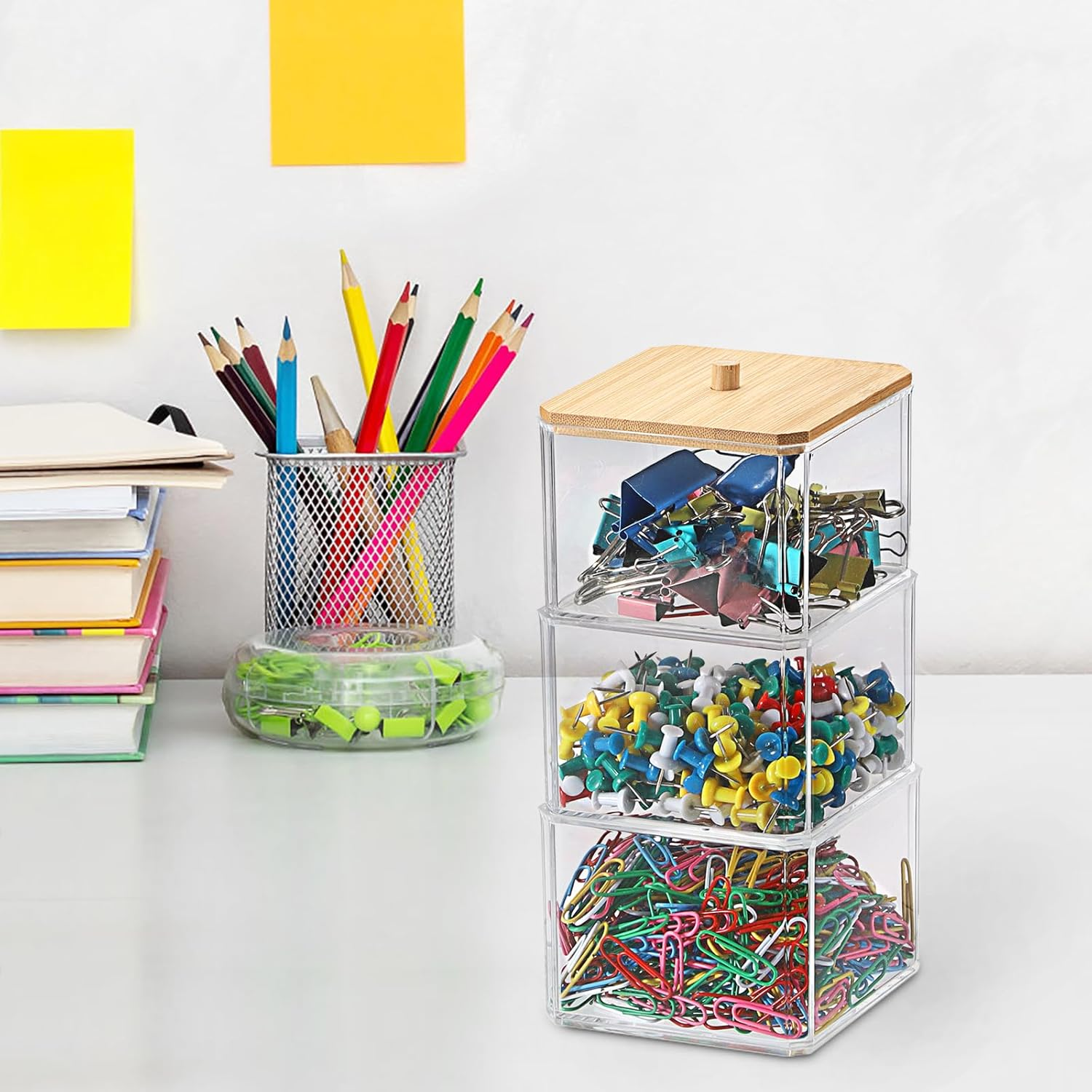 BTSKY Clear Stackable Paper Clip Holder with Bamboo Lid 3-Layer Paperclip Box Thick Acrylic Office Supply Accessory Organizer Square Small Storage Holder Cute Qtip Holder for Office Bathroom Vanity image number 2