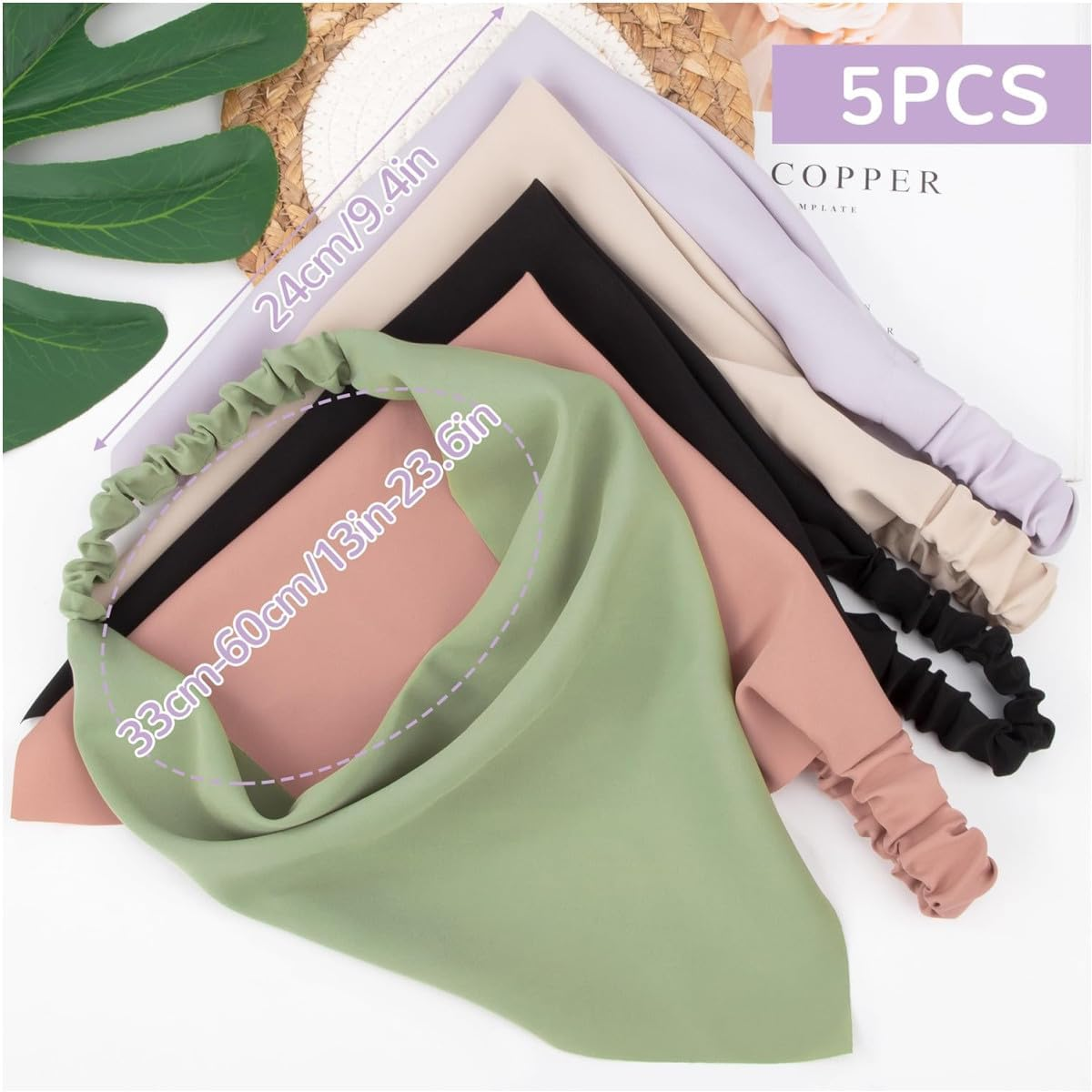 Jjiaolinin Head Scarf, 5 PCS Boho Triangle Headbands Pure Color Chiffon Head Kerchief Hair Bandanas Wide Turban Hair Scarfs Elastic Hair Band, for Women and Girls image number 1