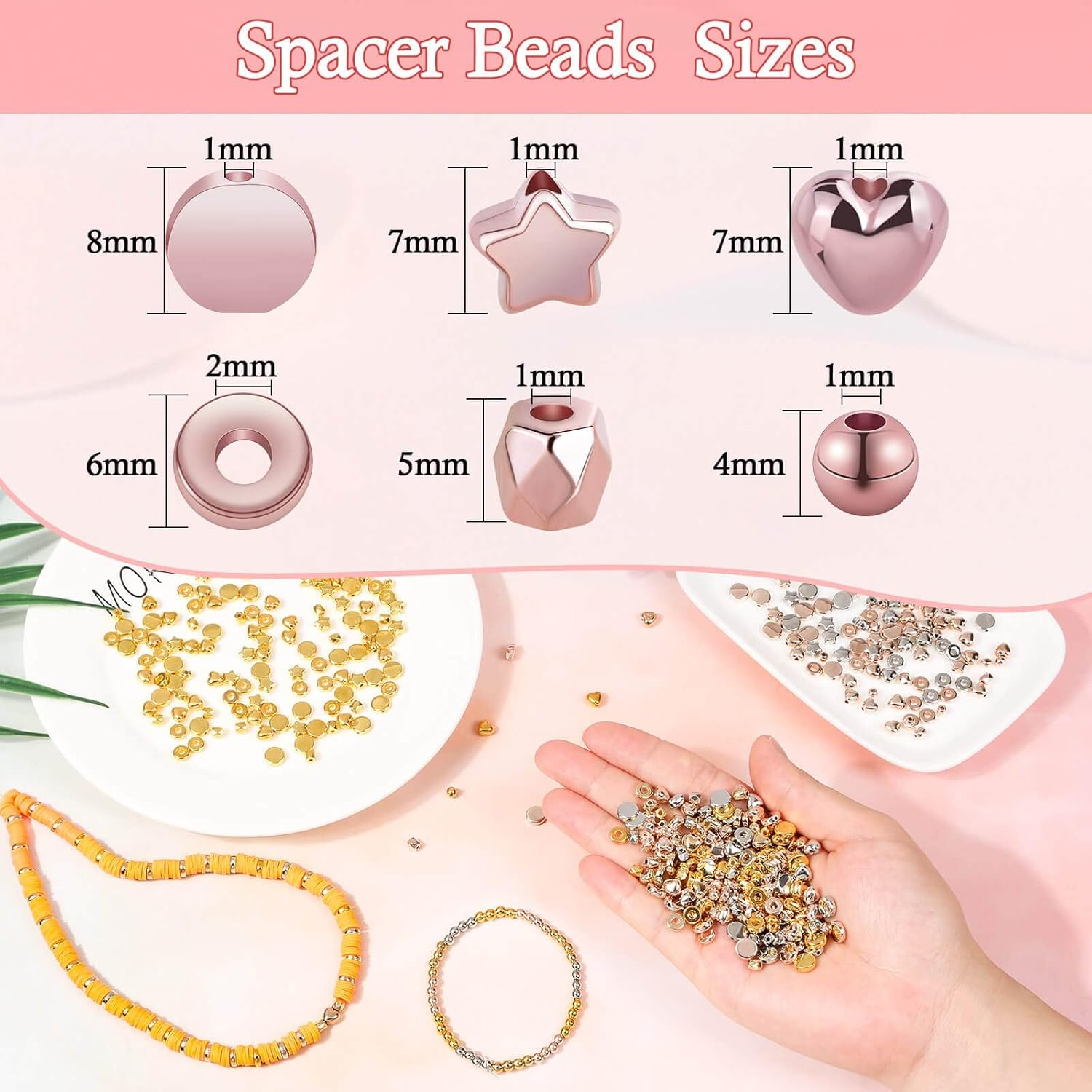 YBVABE Gold Spacer Beads for Jewelry Making, Assorted Bracelet Beads round Rhinestone Beads Star Beads Gold Beads for Bracelet Jewelry Making (Gold, Sliver, Rose Gold, KC Gold)-2140Pcs image number 5