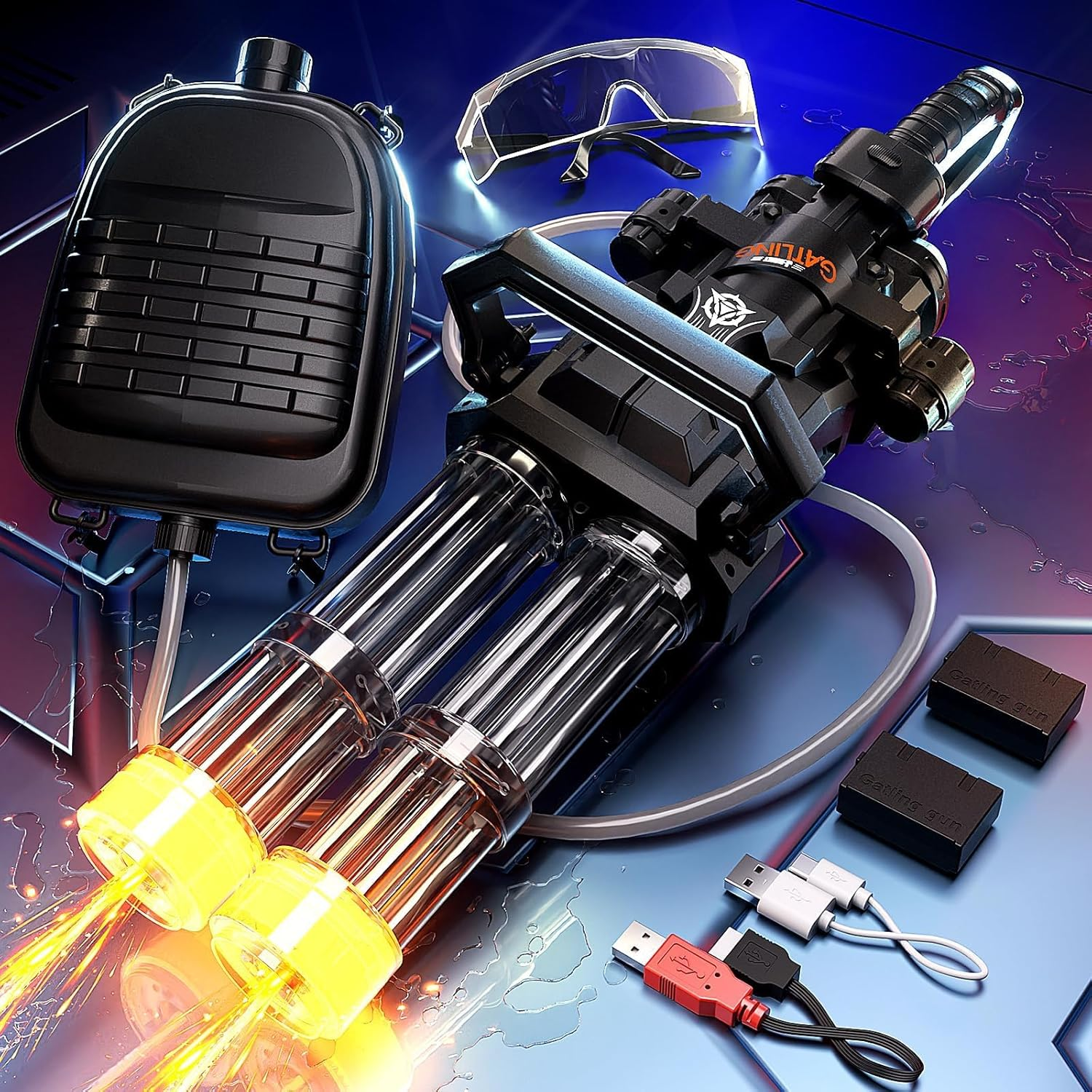 Gatling Electric Water Gun, New Double Barrel Gatling Water Guns with Rotating and LED Light,Adult High Power Rechargeable Water Gun with Backpack Tank,Two Batteries,Outdoor Toys for Kids 8-12 image number 1