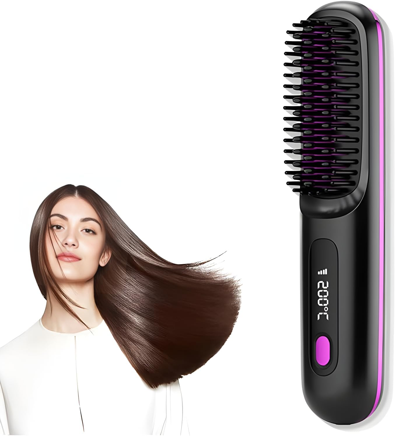 Portable Straightener Brush, Fast Heating Cordless Hair Straightener Brush, USB Rechargeable Negative Ion Anti-Scald Hot Comb, 3 Temp-Settings, Travel Essential Women(Black) image number 2