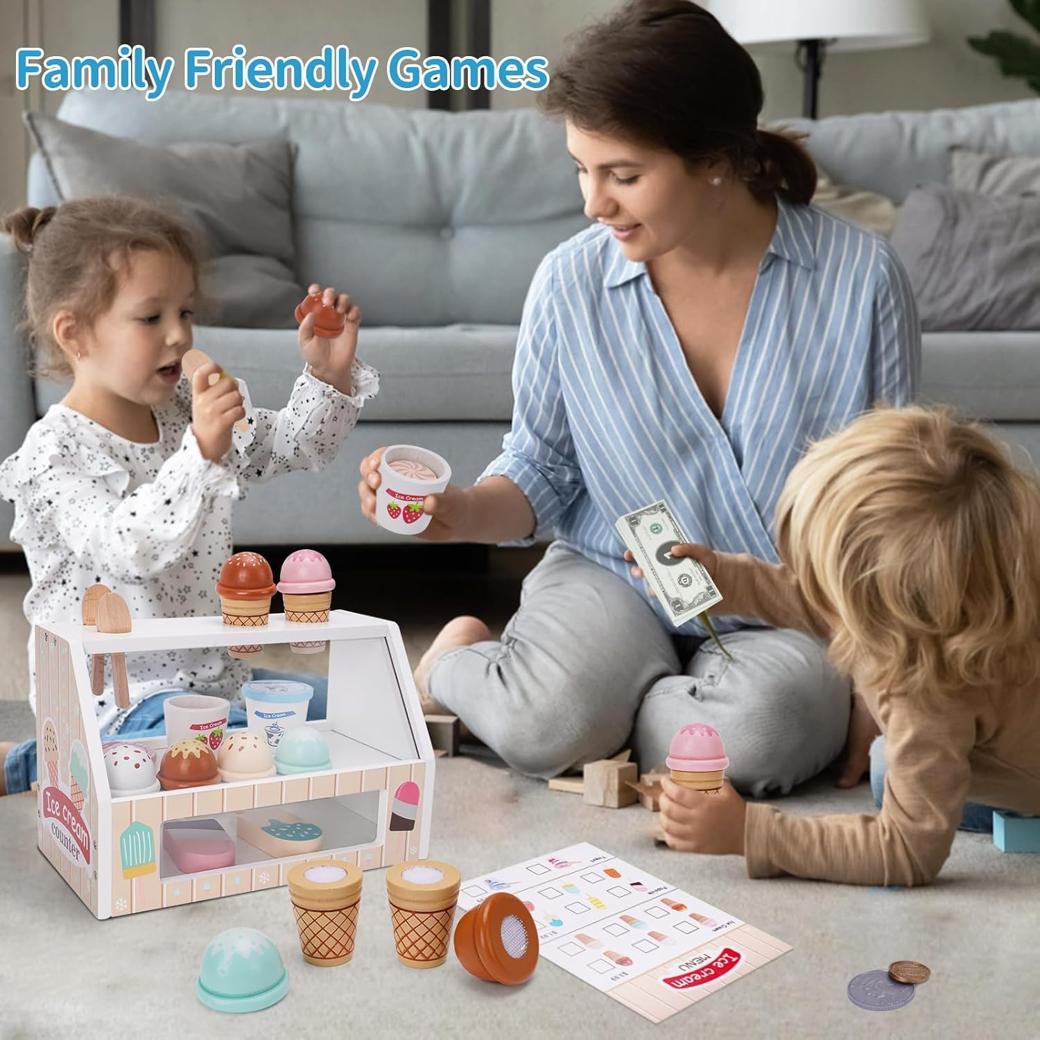 Wooden Ice Cream Counter Playset for Kids, Ice Cream Parlour Children'S Toy Kitchen Playset Pretend Play Store Pretend Toy for 3 4 5 6 Year Old Girl Boy Toddler, Play Food Scoop and Serve Ice Shop