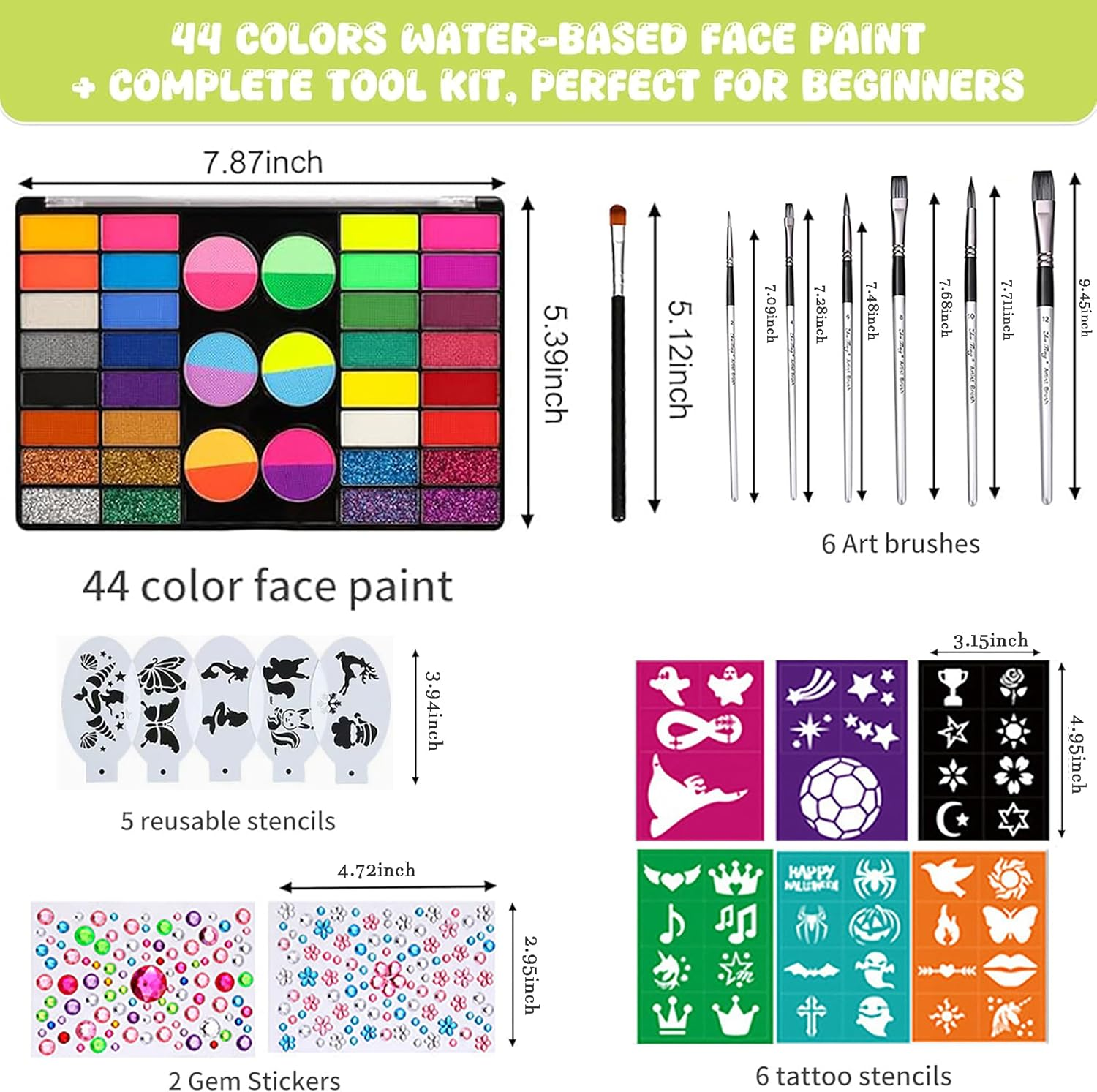 44 Color Face Paint Kit - Non-Toxic Water Based Palette with Stencils, Brushes,Glitter & Gems,Perfect for Halloween,Carnival,Parties & Festive Makeup Art image number 5
